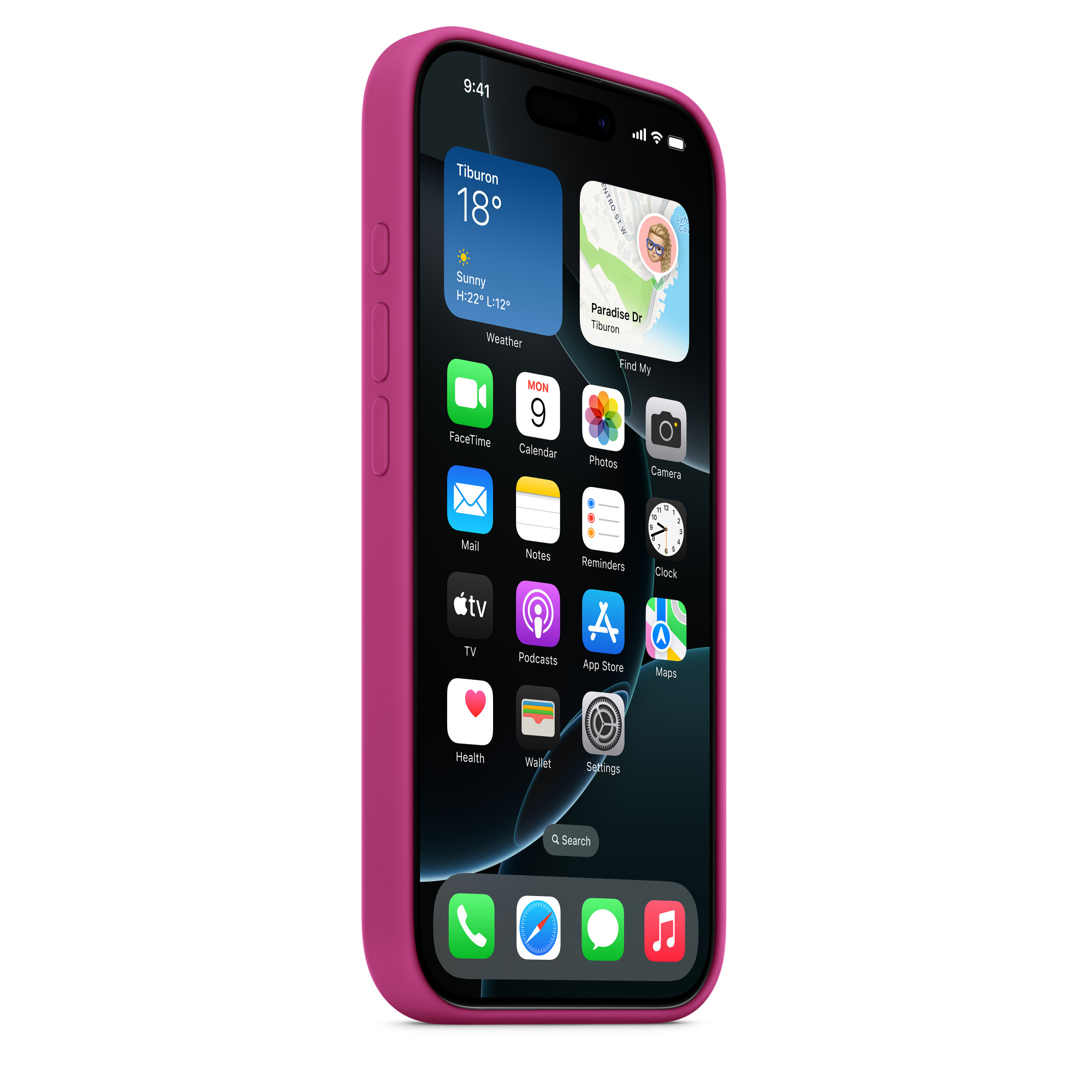 Bir telefonda pembe bir telefon kılıfı. Telefon uygulamaları görüntüler. Hava durumu ve saat gösterilir.