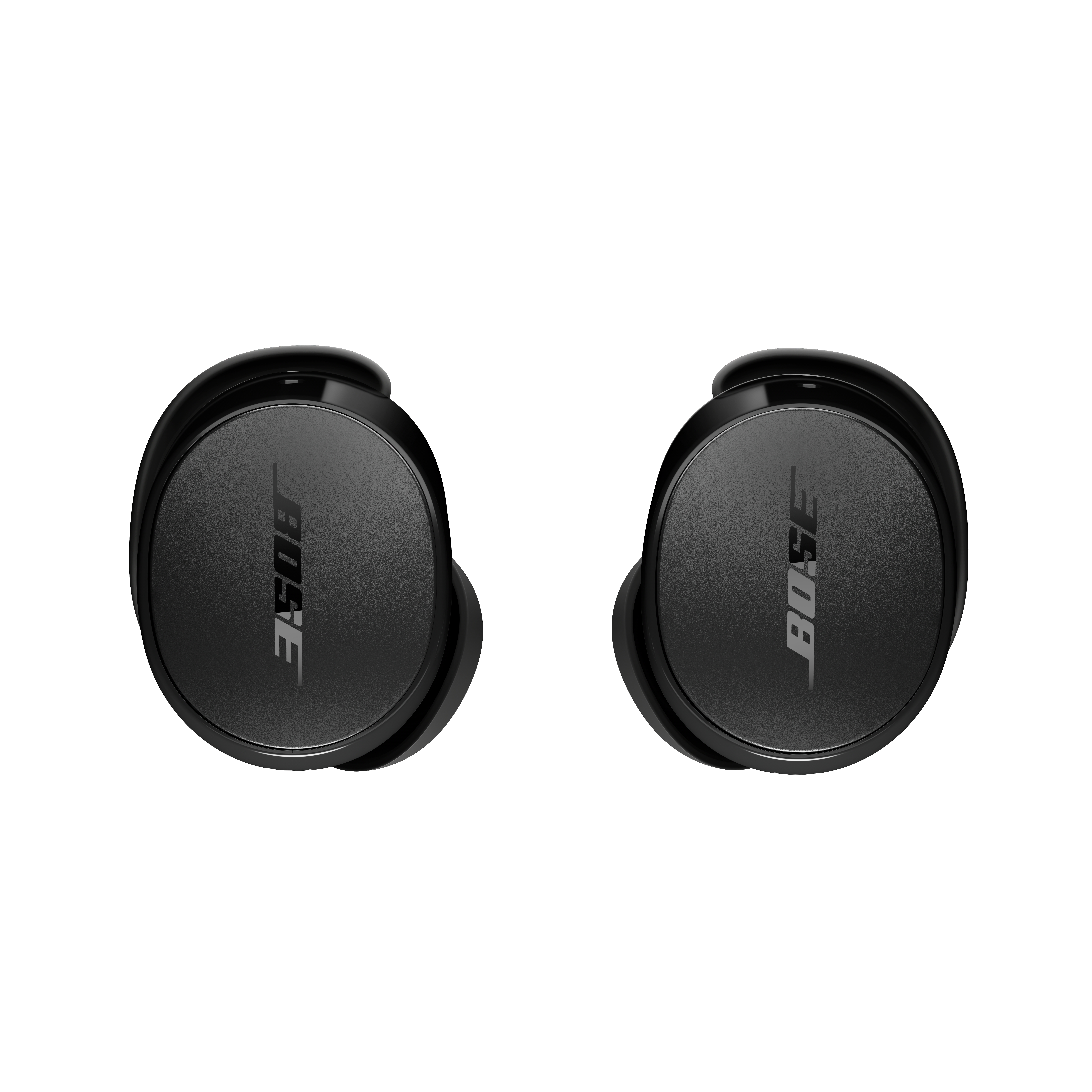 Schwarze Bose-Ohrhörer auf weißem Hintergrund. Bose-Logo sichtbar.