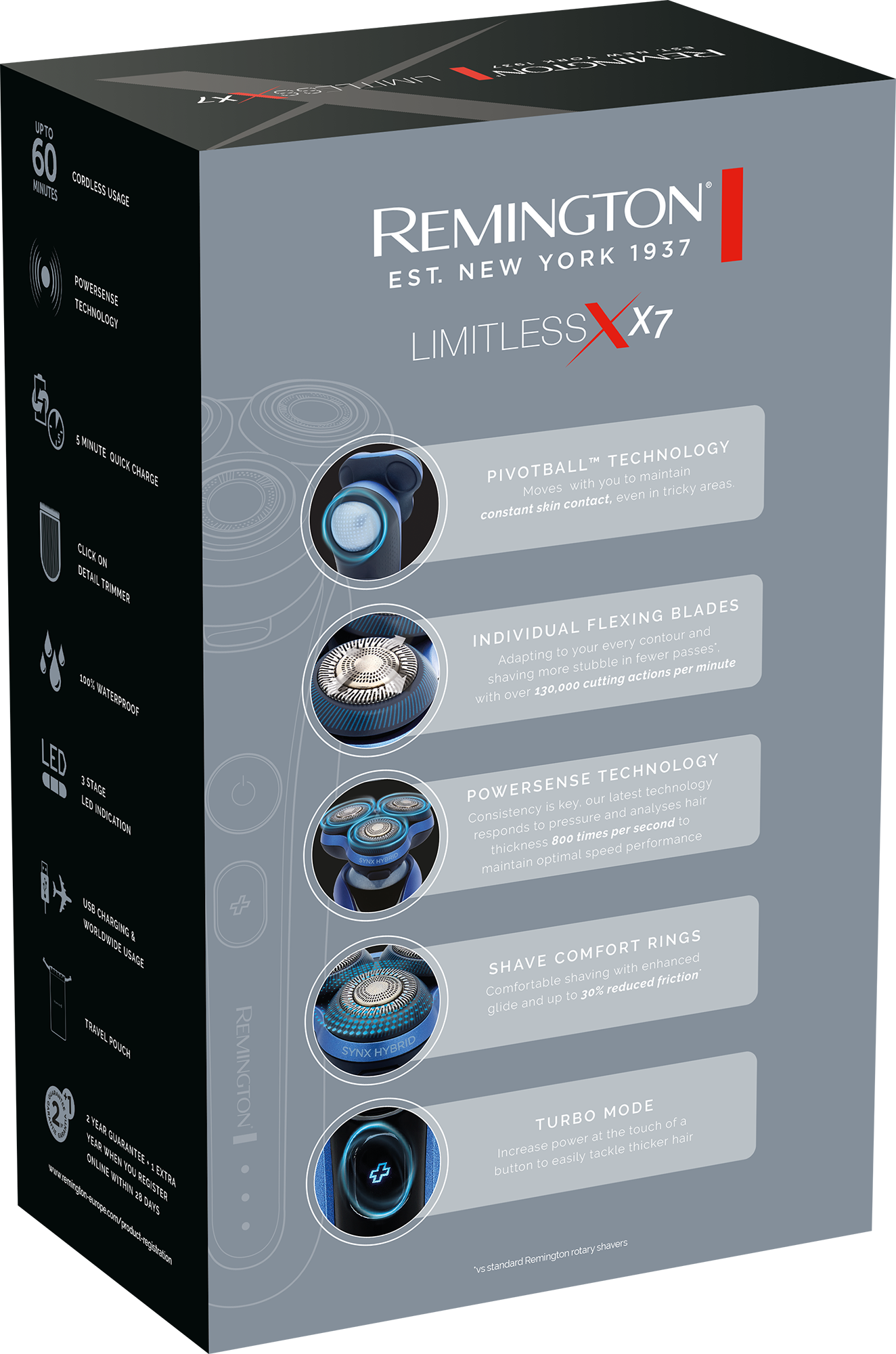 Doboz a Remington X7 borotva termékinformációival, a borotva képeivel.