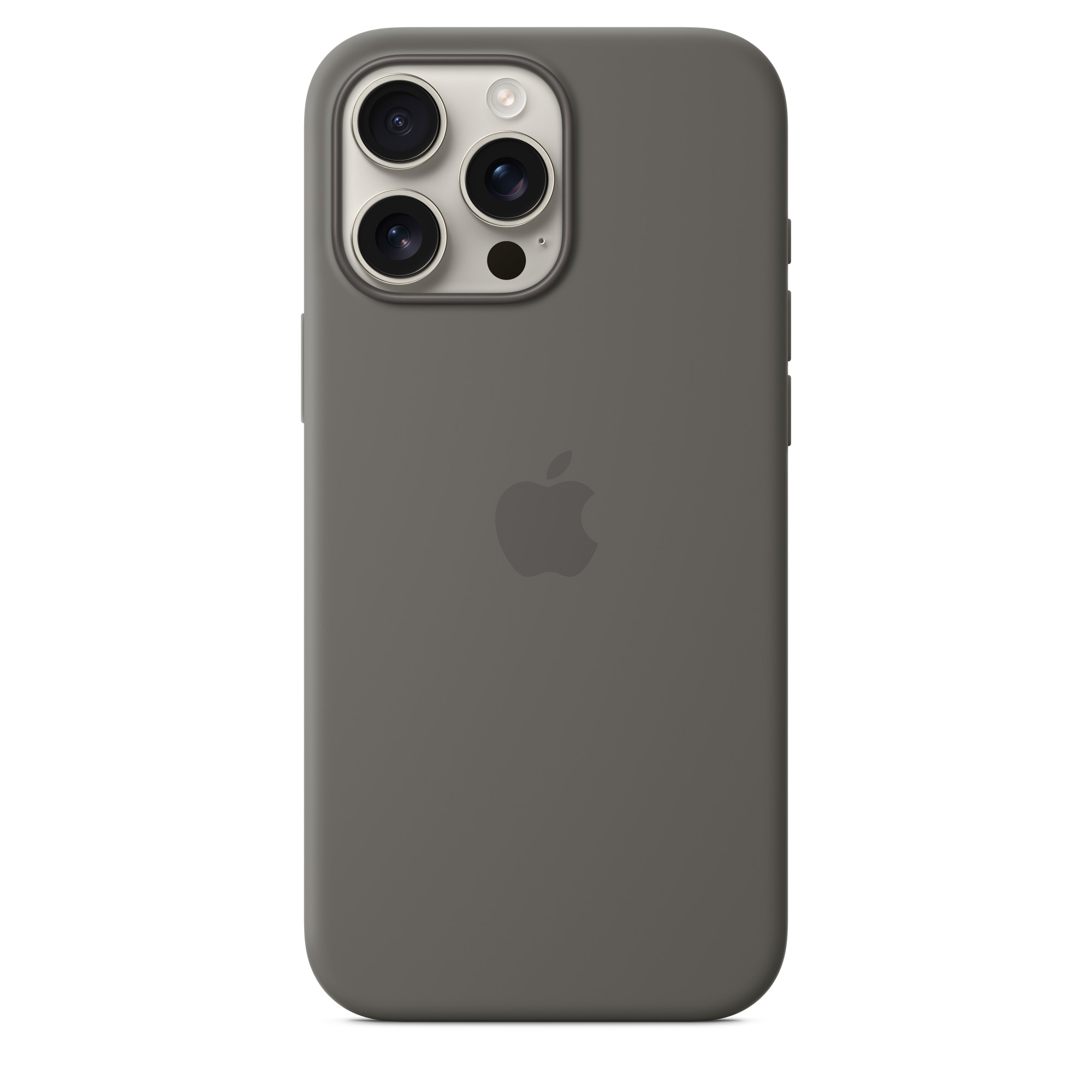 Arkada kamera ve Apple logosu olan gri bir telefon.