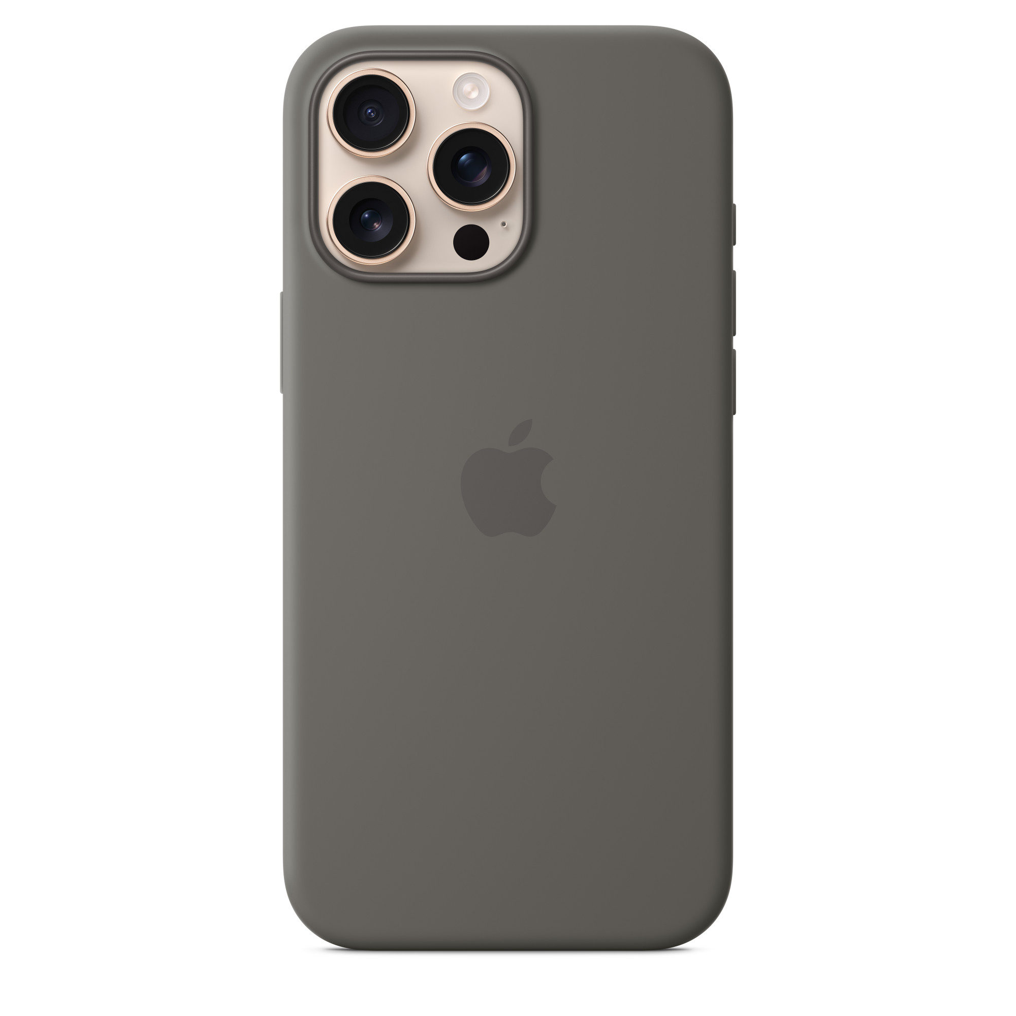Arka tarafında ortalanmış Apple logosu ve üç kamera merceği bulunan gri bir iPhone kılıfı.