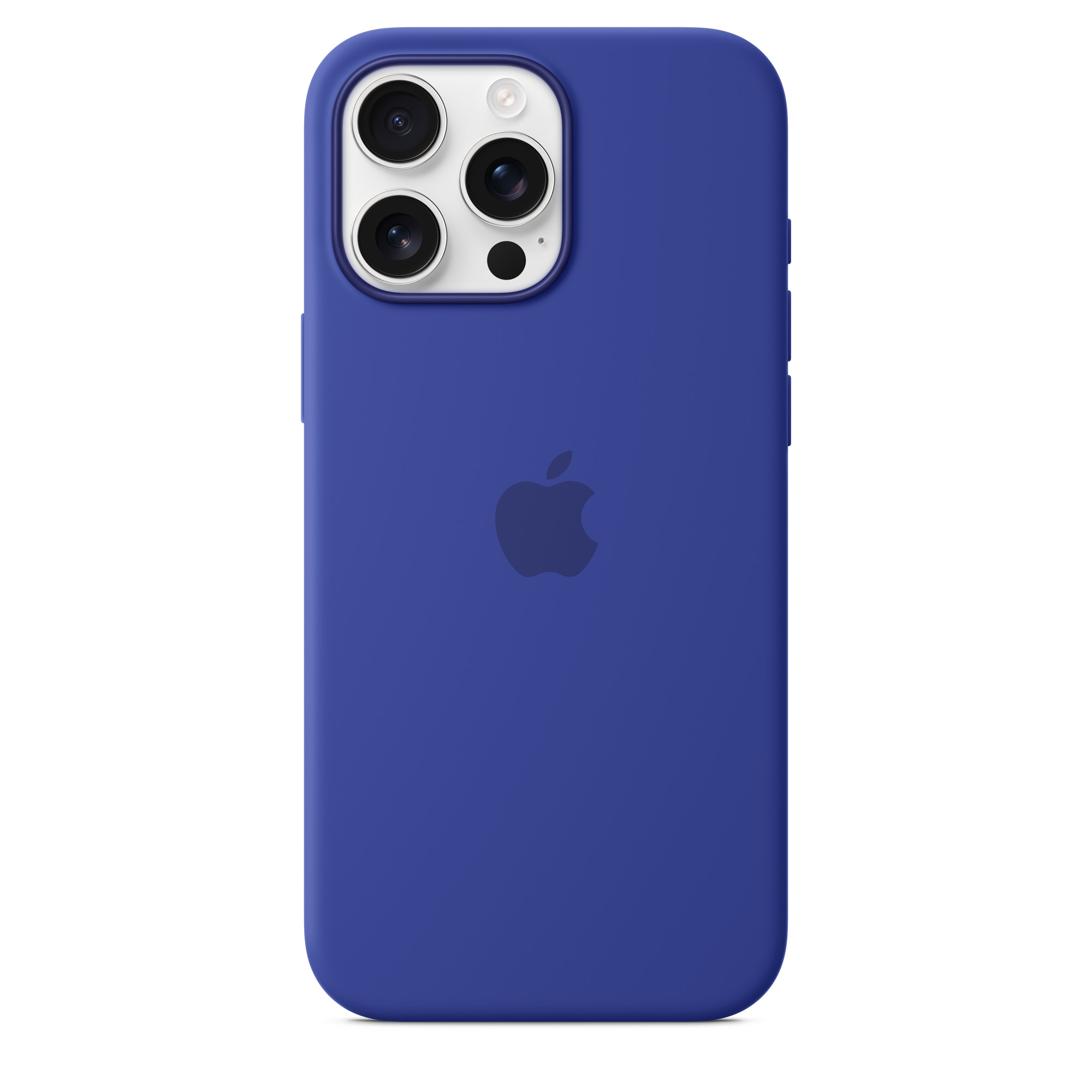 Apple logosu, kamera ve düğmeleri görünen mavi telefon kılıfı.