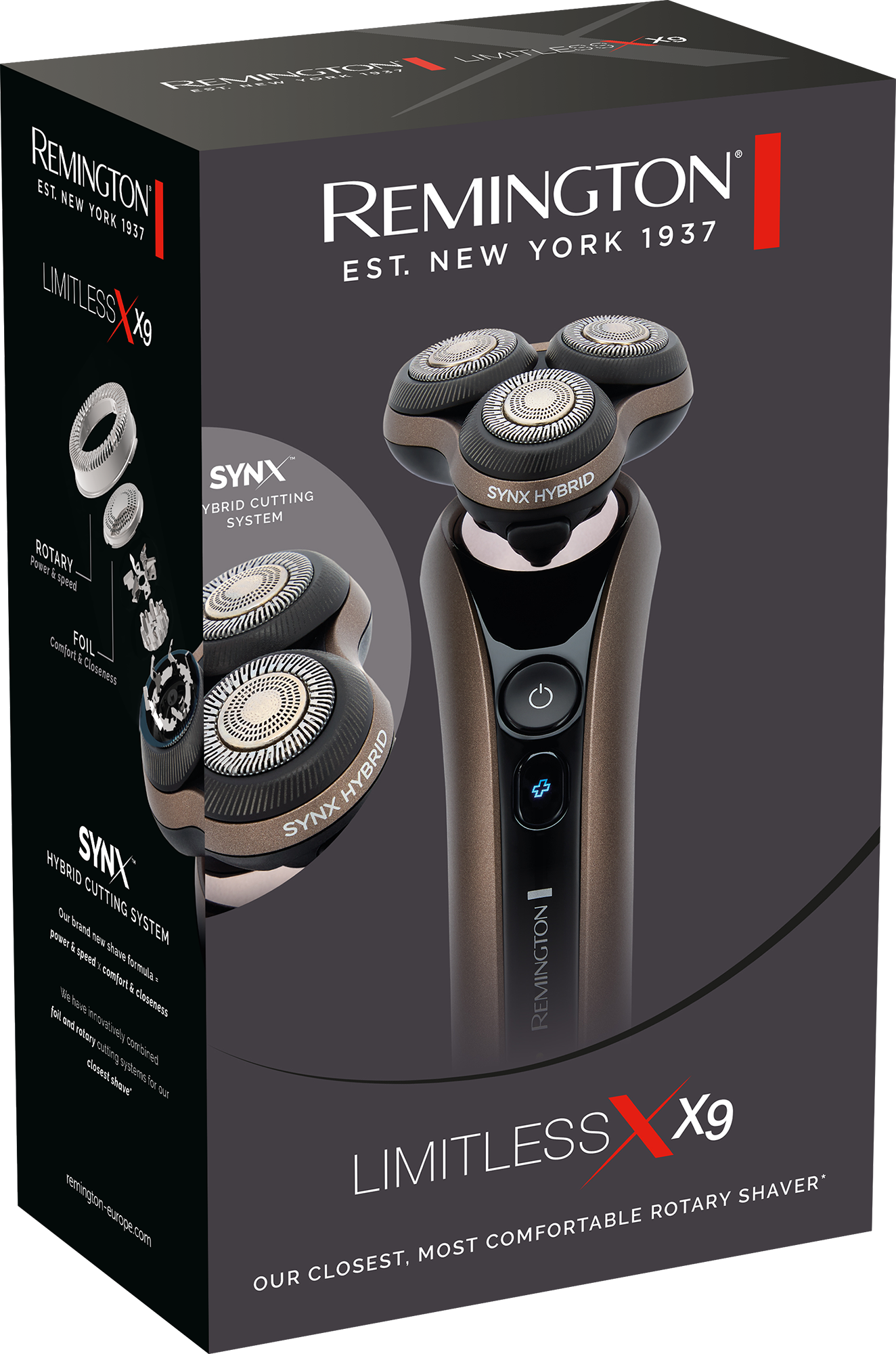 Remington Limitless X9 hibrid borotva termékdoboz, látható borotvával.