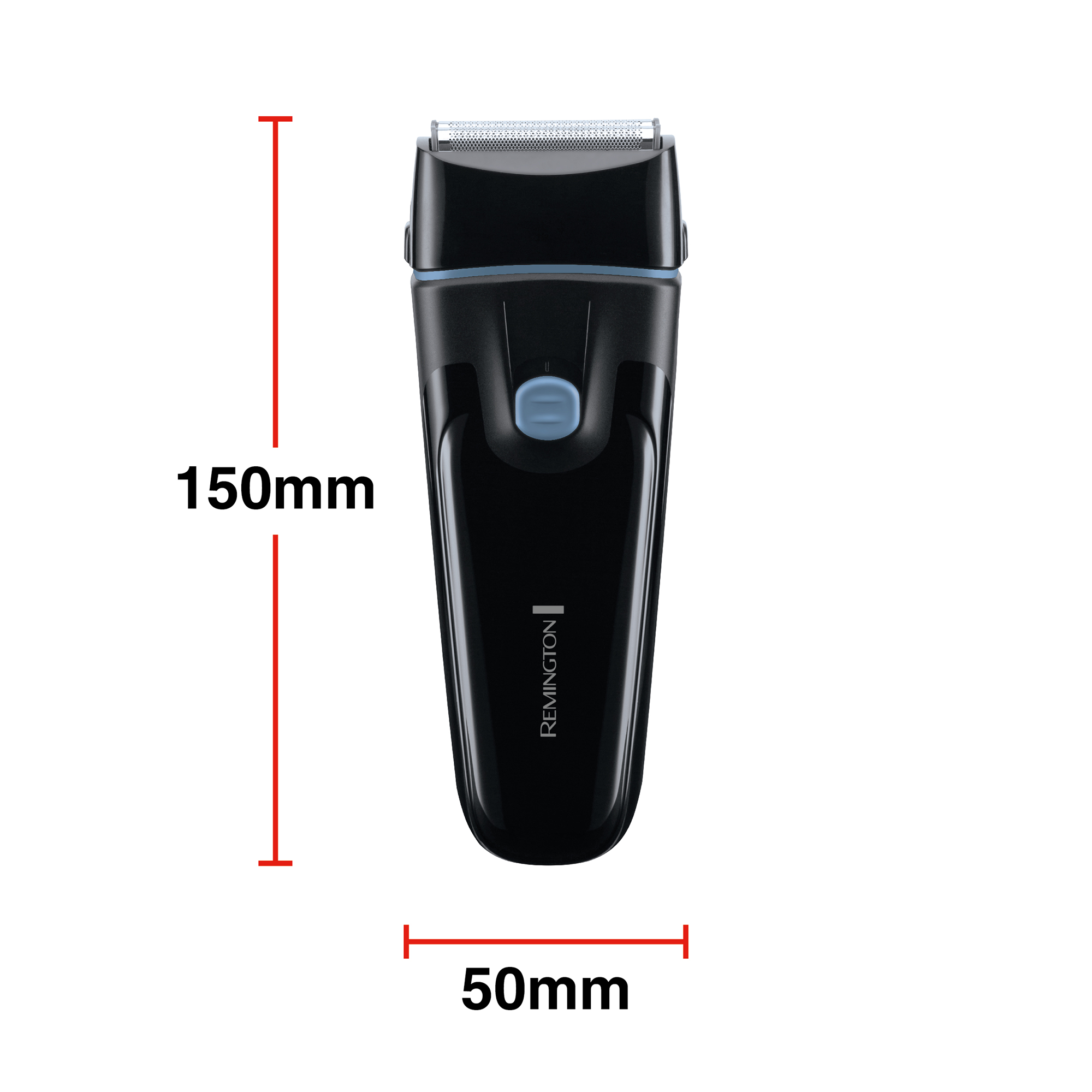 Fekete Remington borotva hosszméretekkel. A borotván kék gomb és trimmelő fej van.
