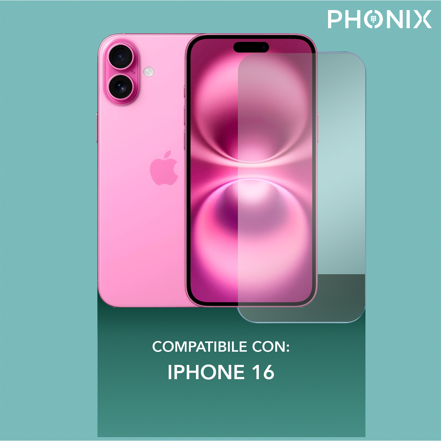 Telefono rosa con protezione schermo, e un telefono rosa sul retro, su sfondo turchese.