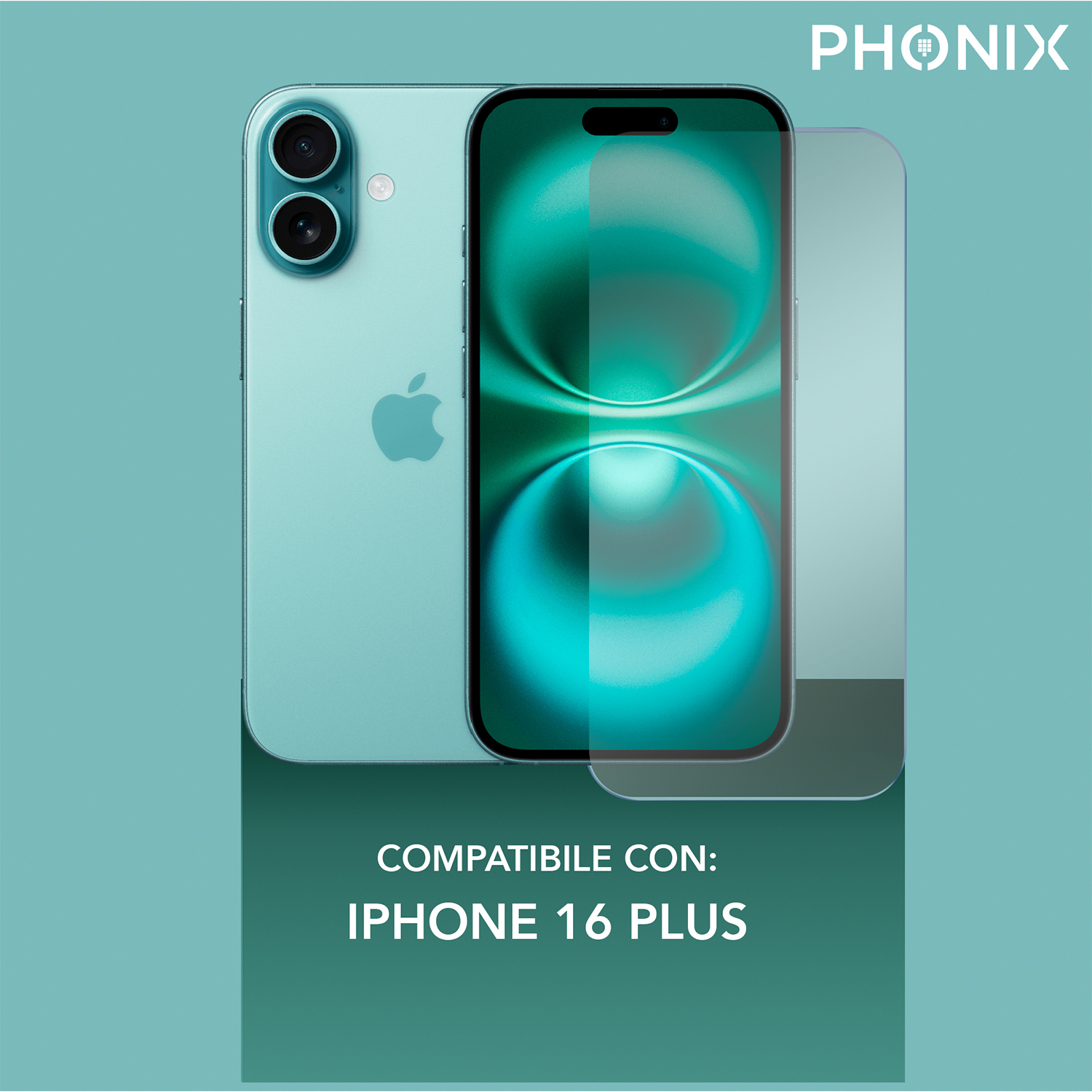 Telefono e protezione schermo iPhone 16 Plus in turchese, con testo: Compatibile con iPhone 16 Plus.