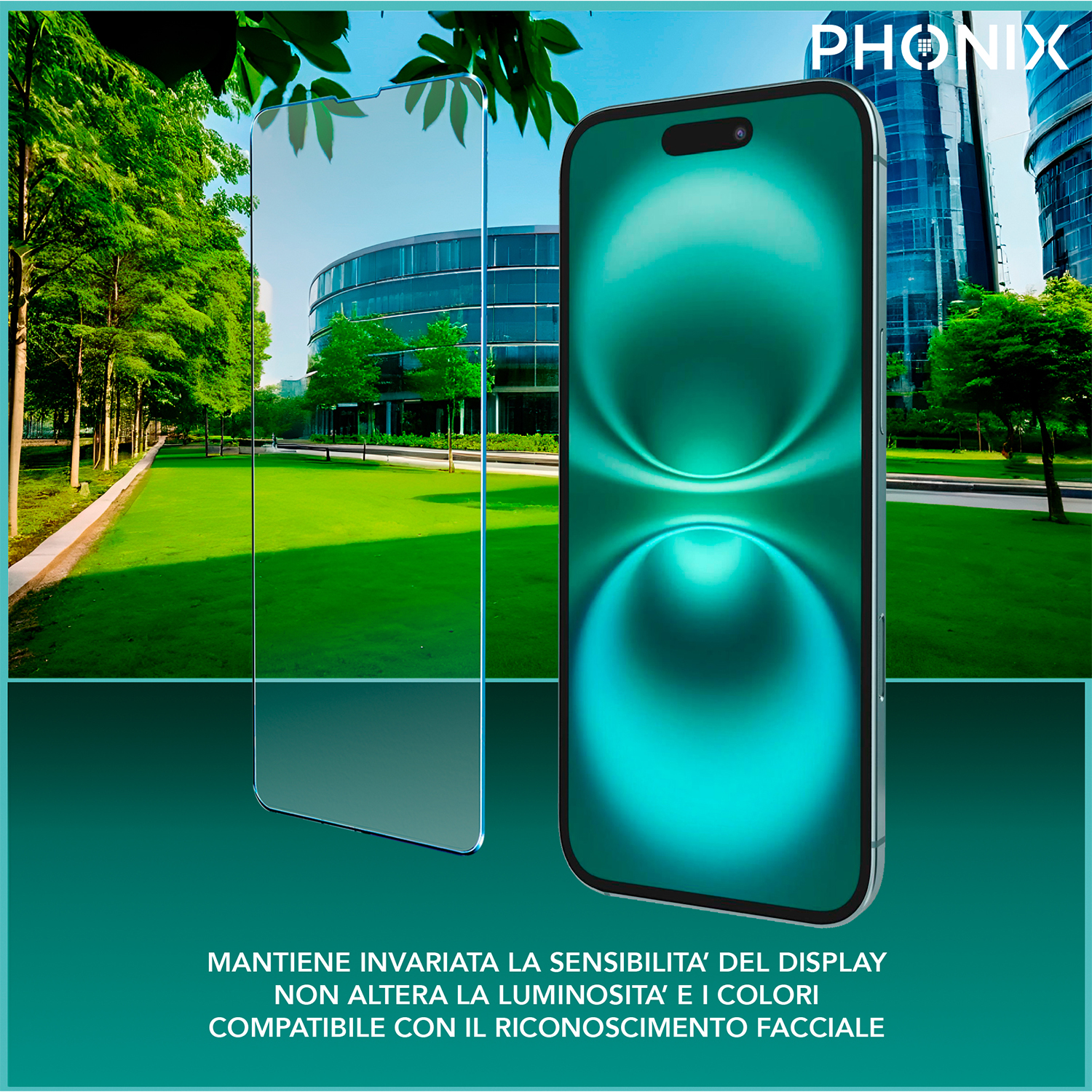 Un proteggi schermo per telefono è mostrato con un telefono e uno sfondo verde.