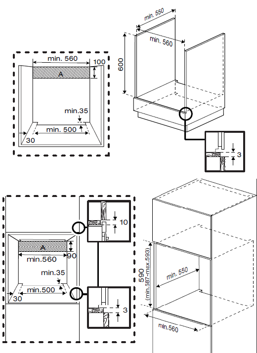 Un diagrama de un horno empotrado con dimensiones y detalles de la instalación.