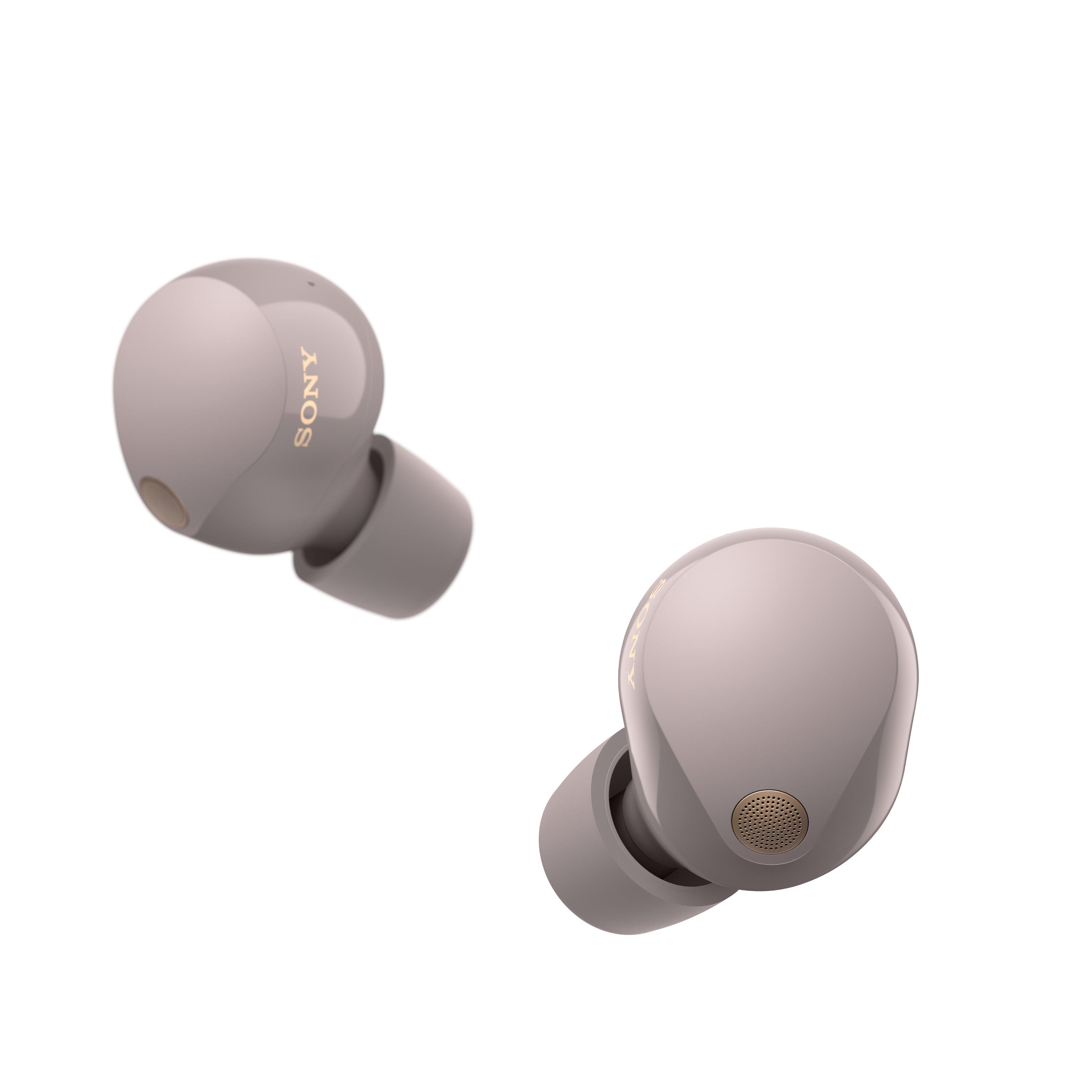 Un paio di auricolari Sony grigi. Un auricolare è leggermente staccato dall'altro.