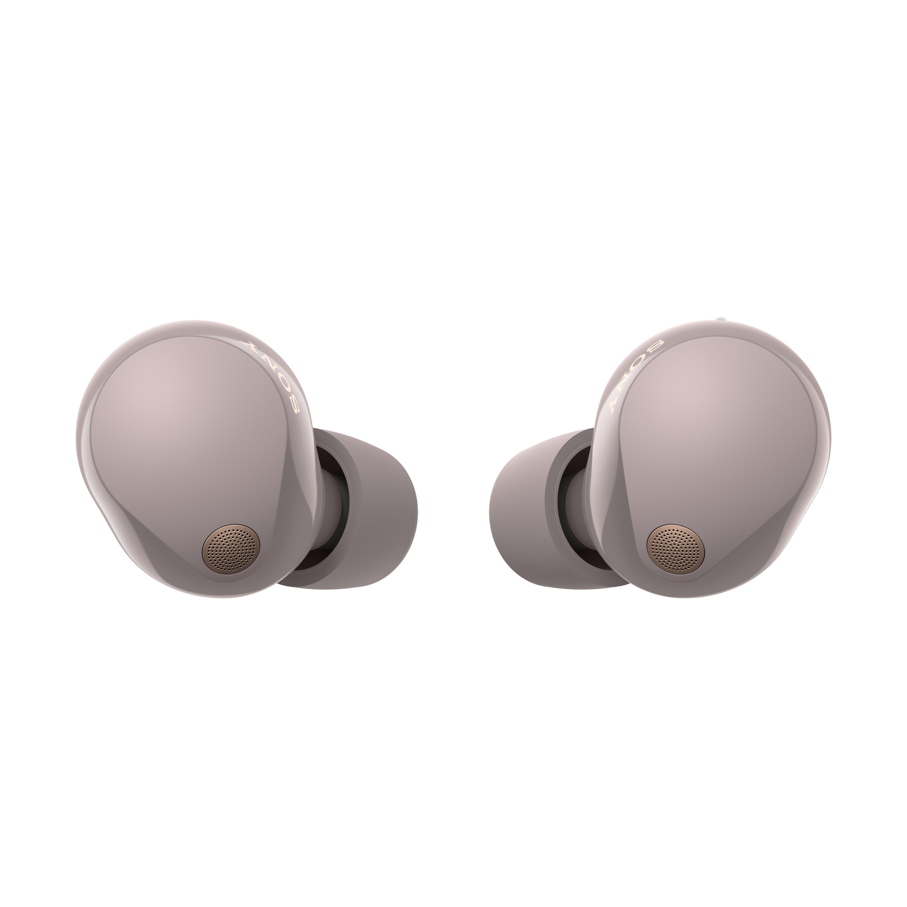 Due auricolari wireless Sony grigi con dettagli color oro, su sfondo bianco.