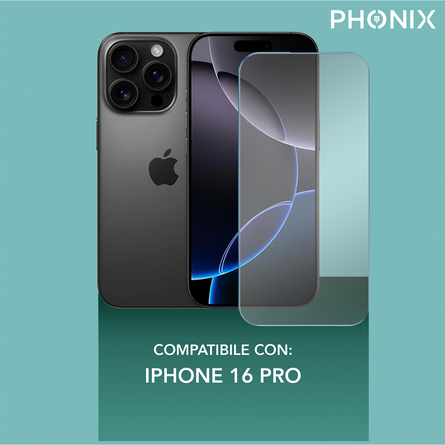 Un iPhone con una protezione schermo e un logo 'PHONIX' sopra.