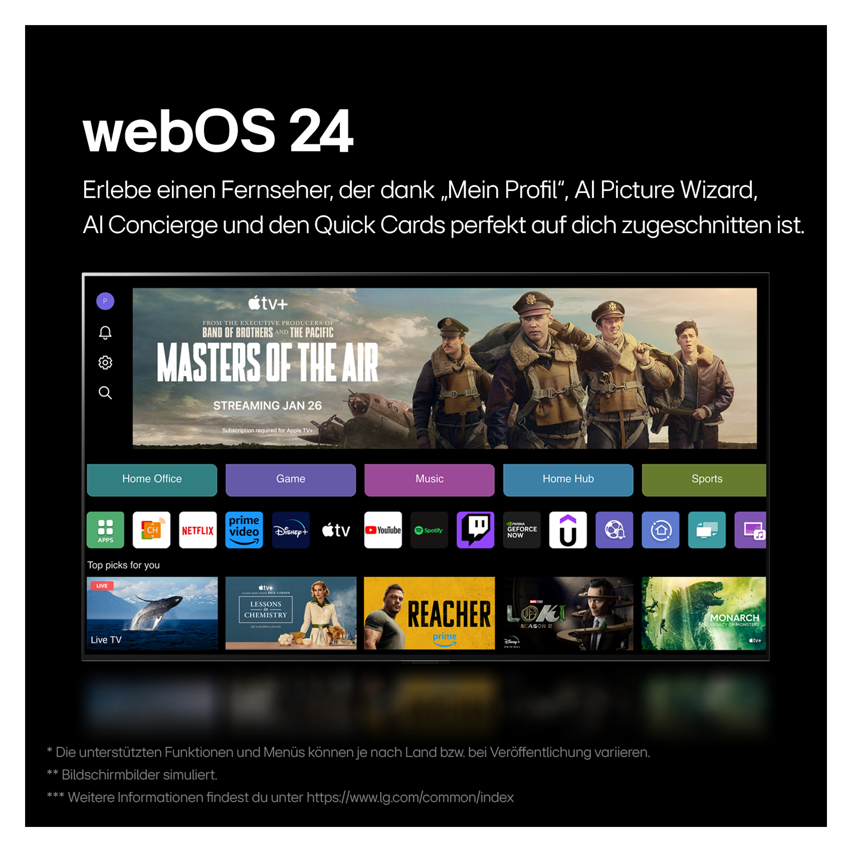 Ein moderner TV-Bildschirm mit der webOS-Oberfläche, verschiedenen App-Symbolen und Streaming-Optionen.