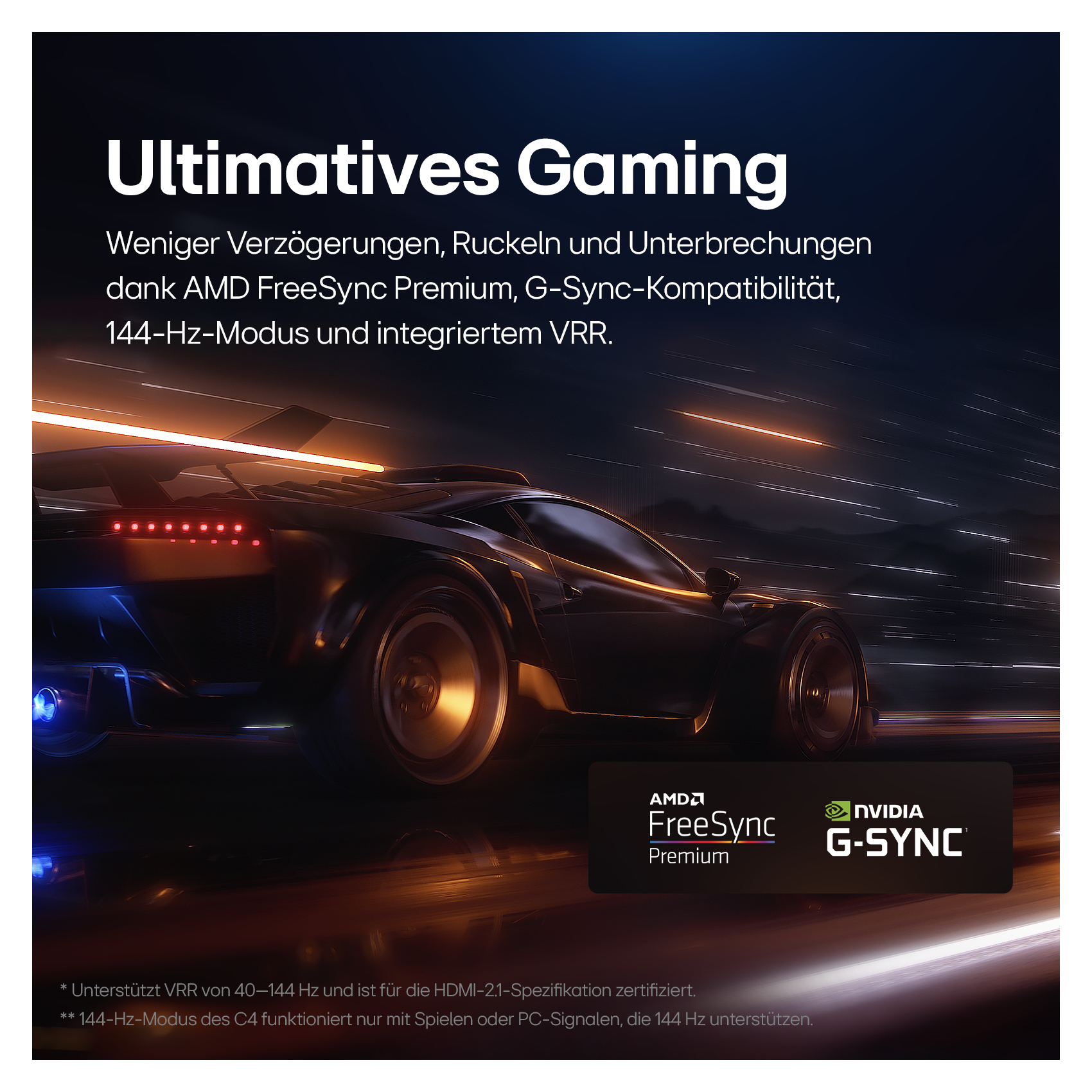 Ein schwarzes Auto mit einer Gaming-Werbung. Die Werbung handelt von AMD FreeSync Premium und Nvidia G-Sync.