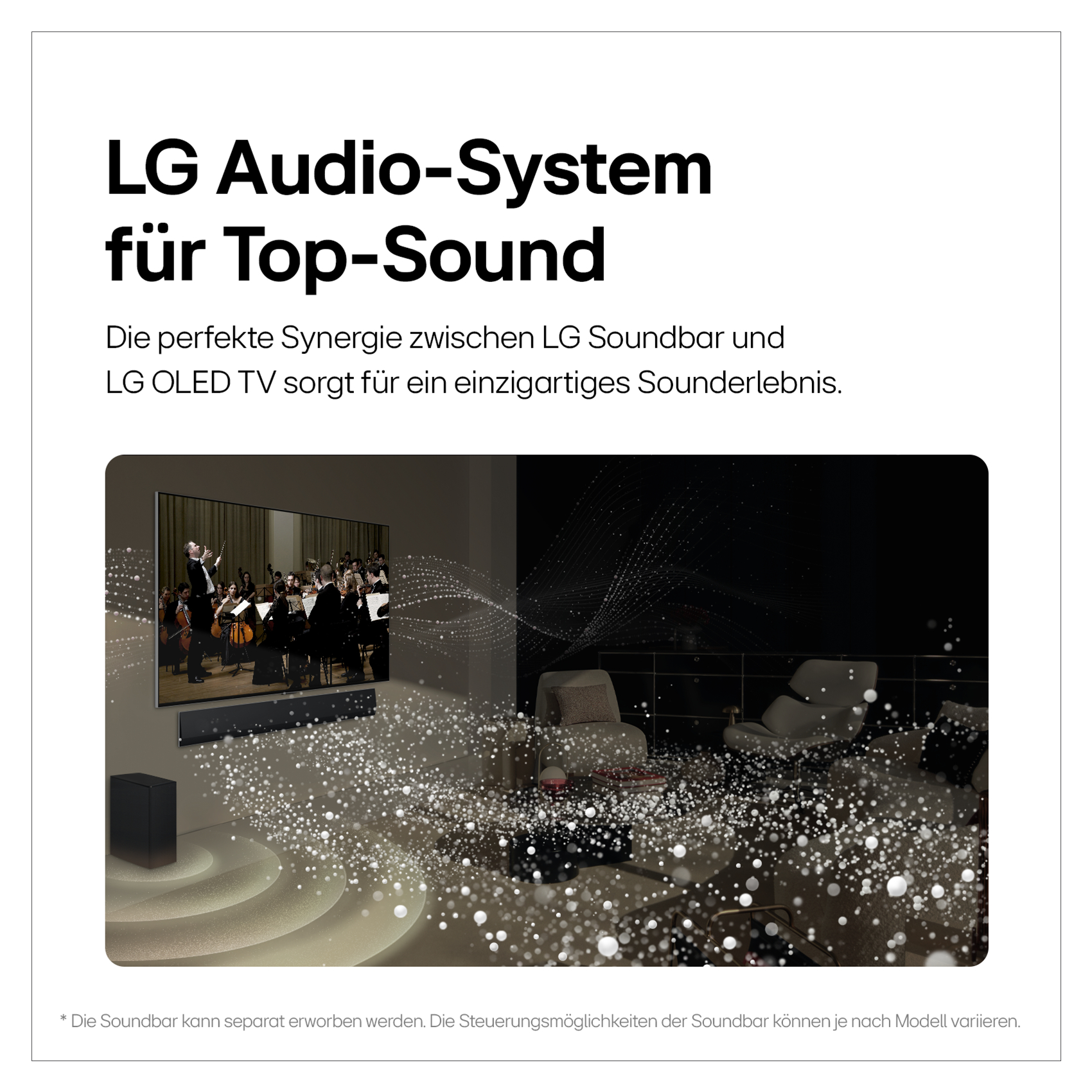 LG Audiosystem mit Soundbar und Bildschirm mit Orchester.