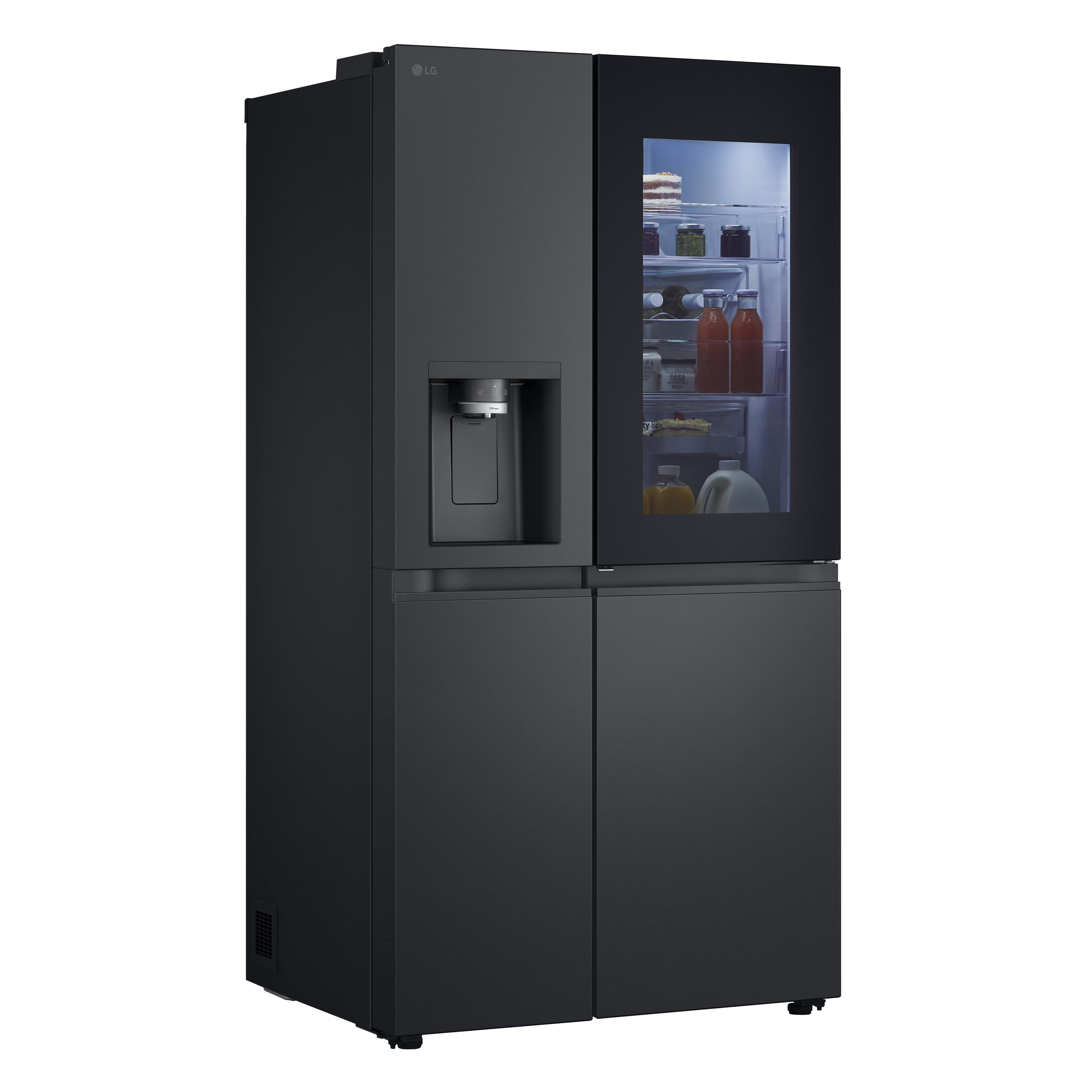Schwarzer LG Kühlschrank mit Glastür und Wasserspender, Seitenansicht.