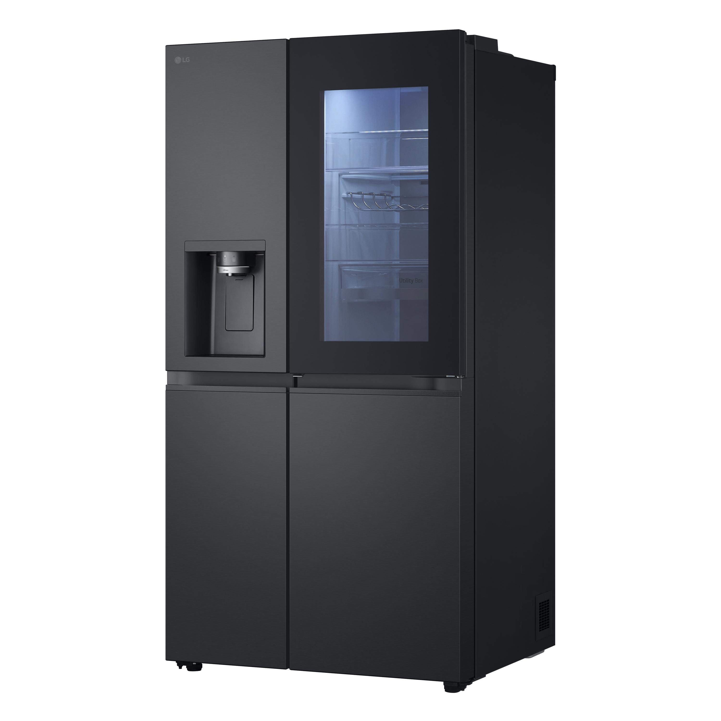 Ein schwarzer Kühlschrank mit zwei Türen, mit einem Wasserspender an der linken Tür.