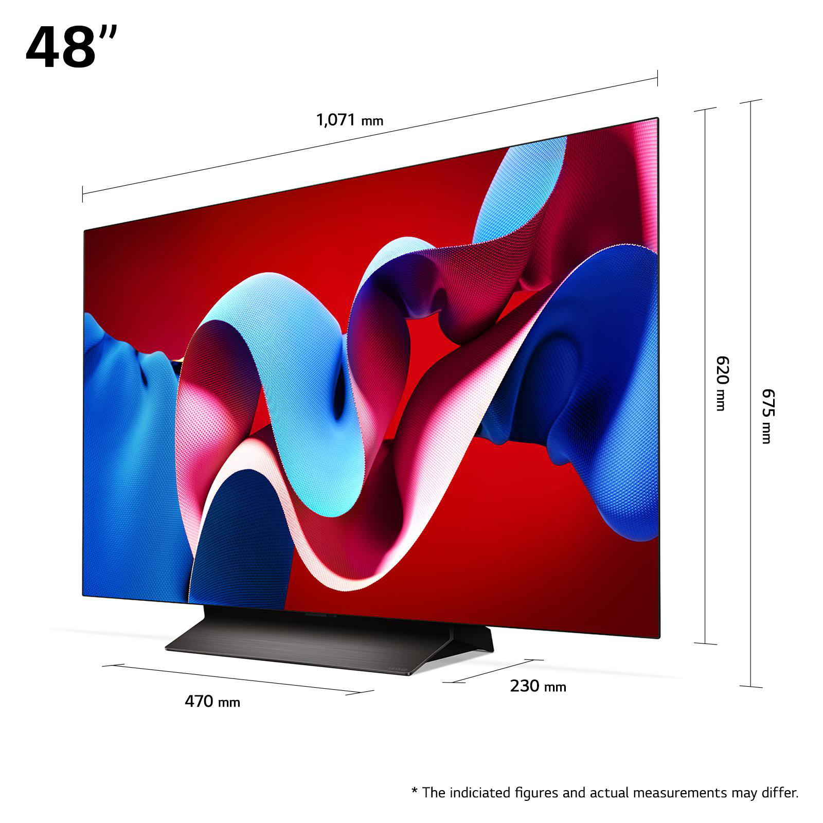 Ein großer Fernseher auf einem Ständer, mit Abmessungen und abstrakter Kunst auf dem Bildschirm.
