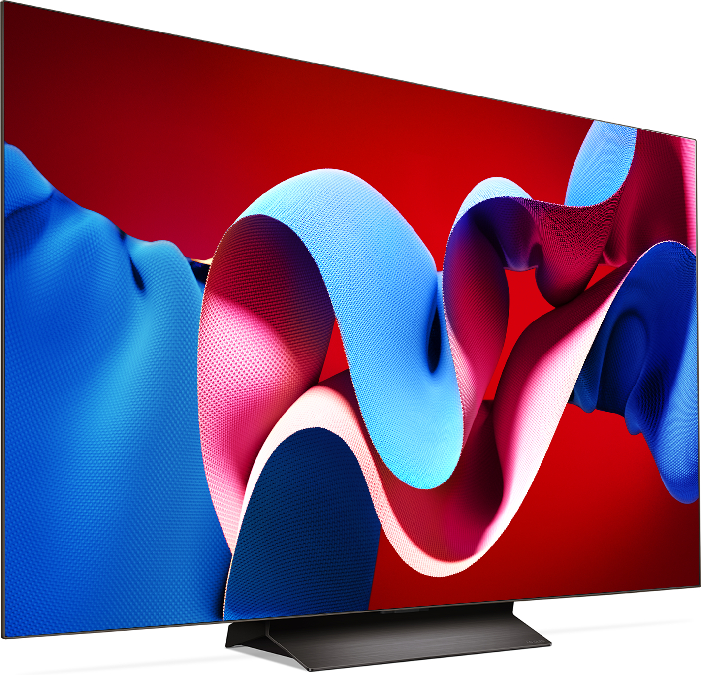 Großer Bildschirm-TV mit abstrakten bunten Bändern vor rotem Hintergrund.