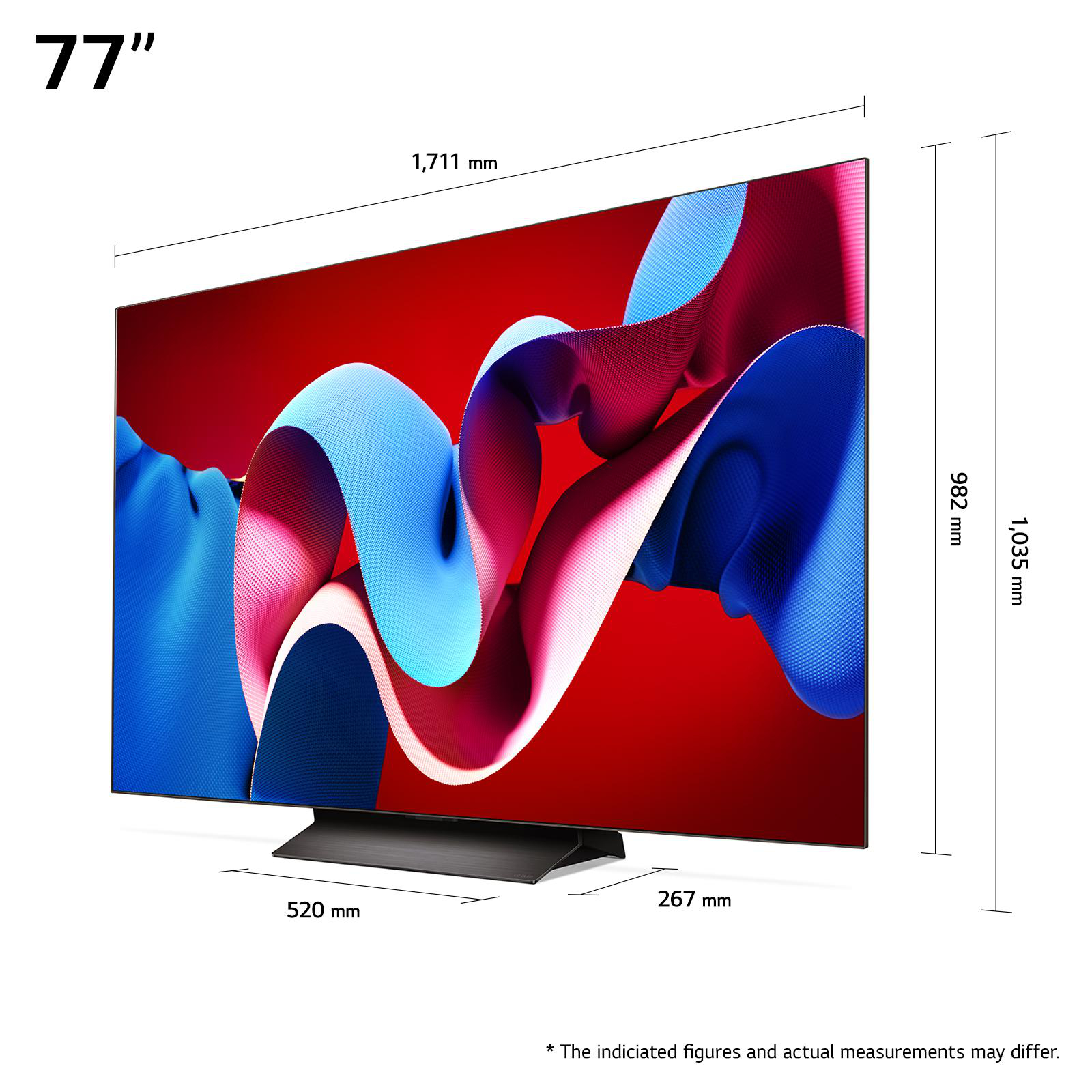 77" Fernseher. Schwarzer Ständer, roter, blauer und schwarzer Bildschirm.