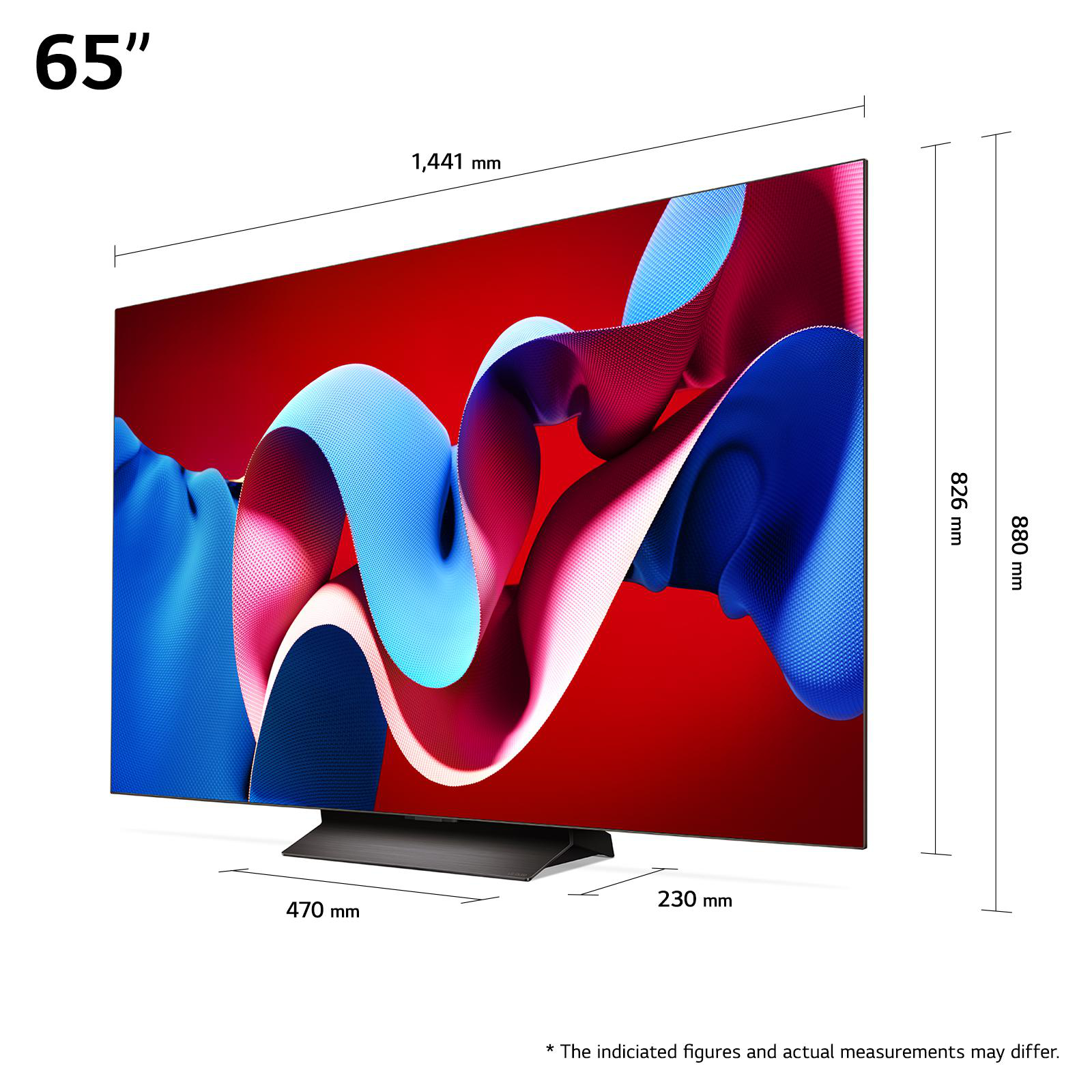 65 Zoll Fernseher mit rotem und blauem Musterhintergrund, mit Maßen.