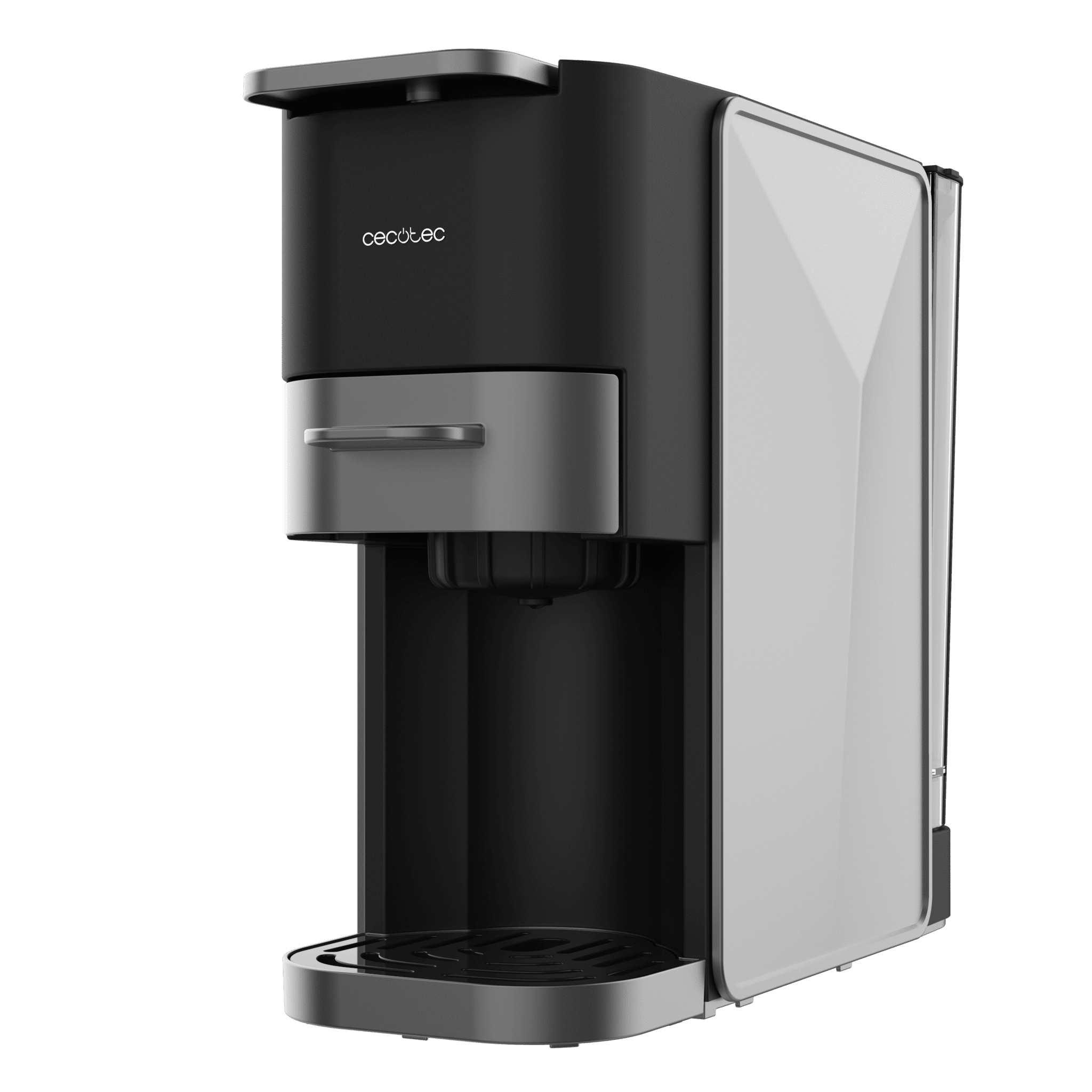 Cafetera Cecotec negra y gris. Tiene un depósito de agua, un dispensador y un panel de control.