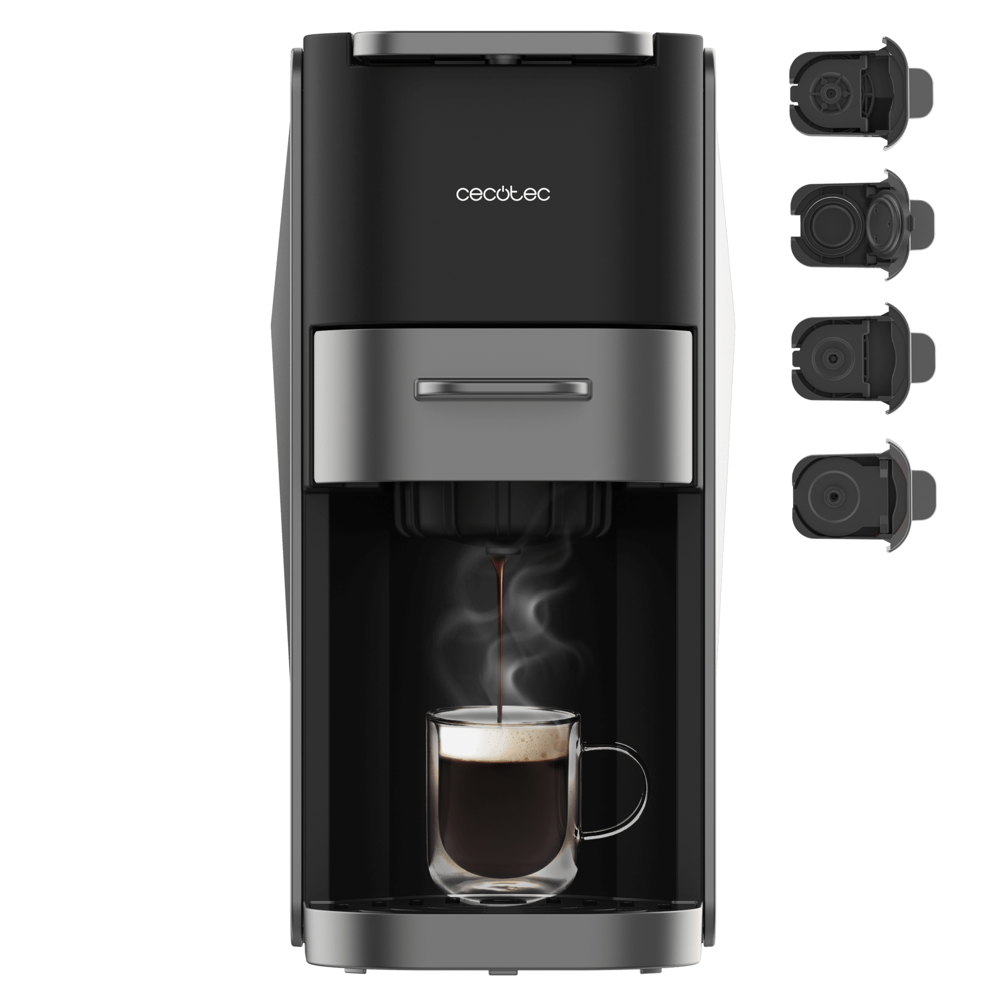 Cafetera negra y plateada con una taza de vidrio. El vapor se eleva mientras el café se prepara.