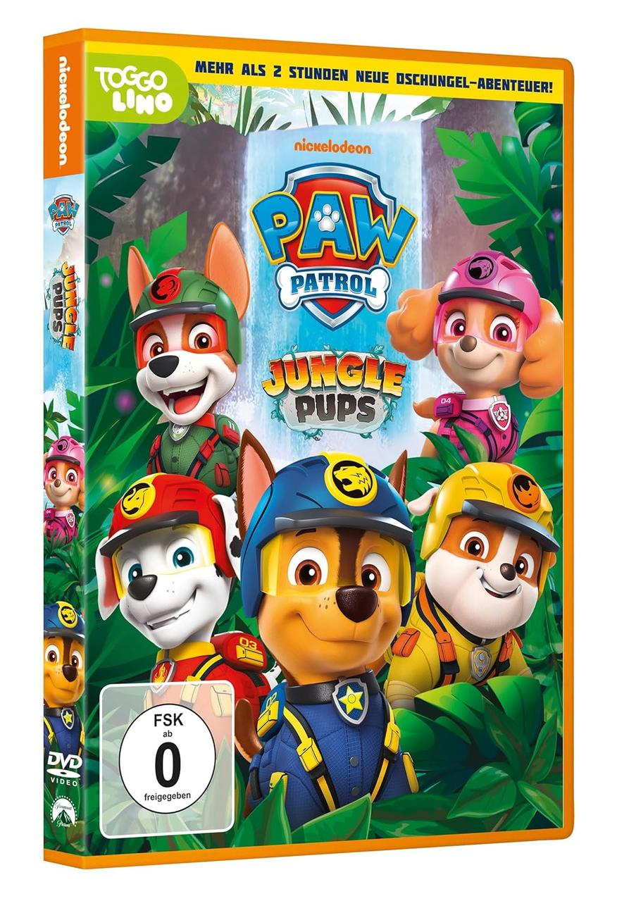 PAW Patrol Jungle Pups DVD-Cover. Zu den Charakteren gehören Hunde in Dschungel-Outfits.