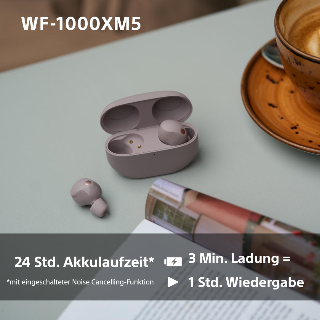 Ohrhörer in einem Ladecase auf einem Tisch. Text zur Akkulaufzeit unten.