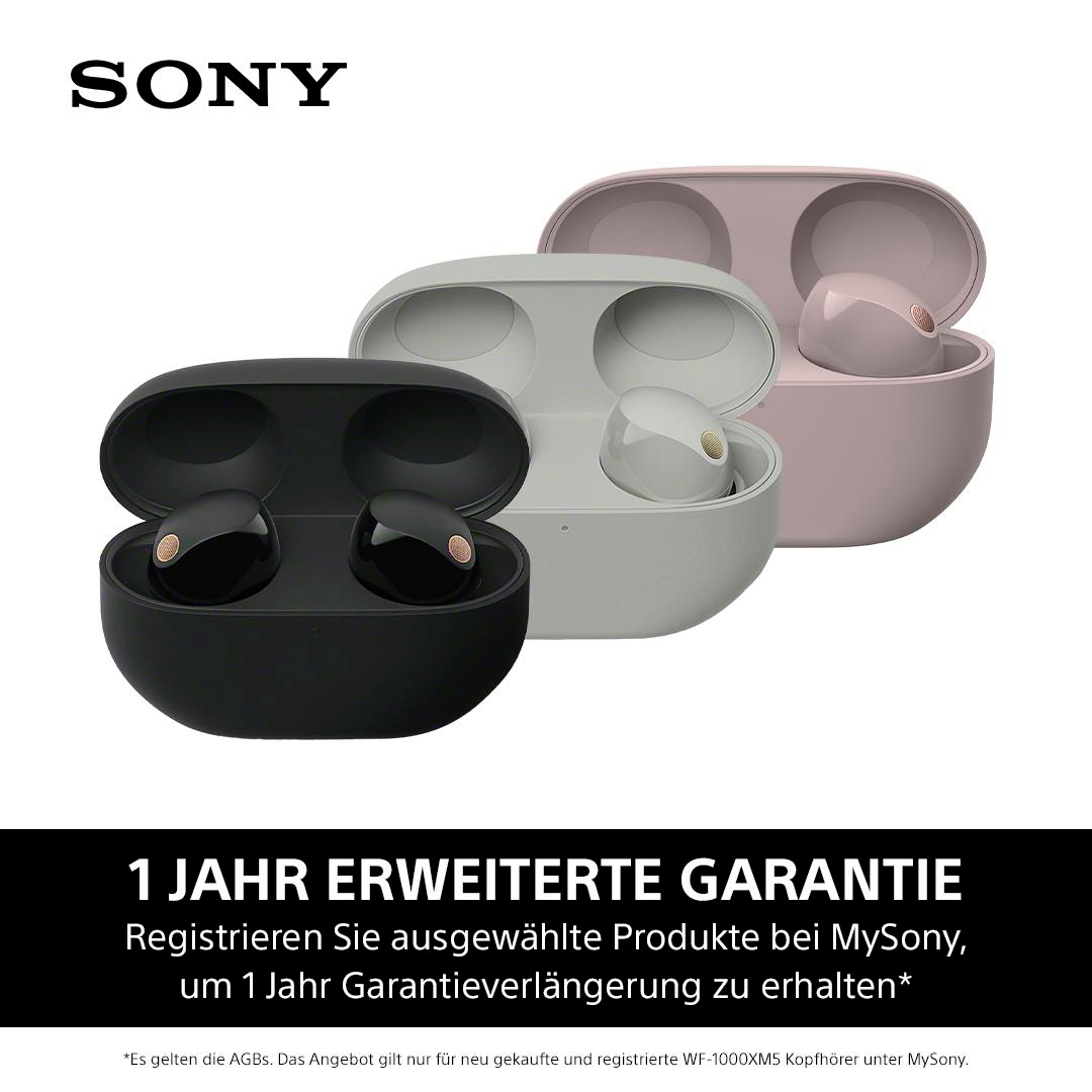 Weiße und schwarze Ohrhörer-Etuis und pinkes Etui, mit Sony-Logo.