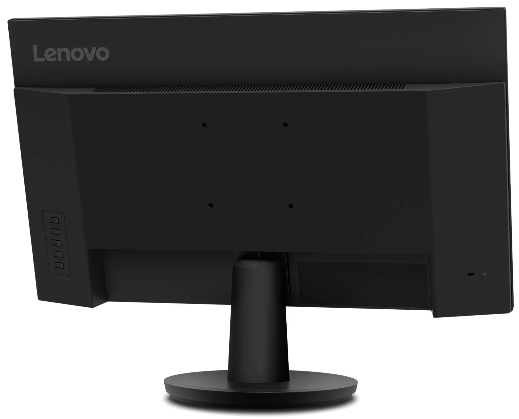 Widok z tyłu czarnego monitora komputera z marką Lenovo. Posiada porty i podstawkę.