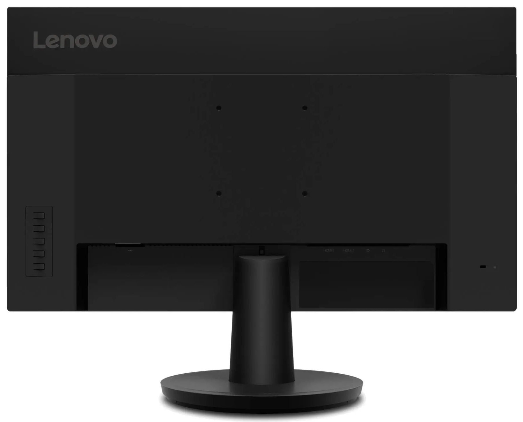Tył czarnego monitora Lenovo z portami i podstawką. Logo Lenovo na górze.