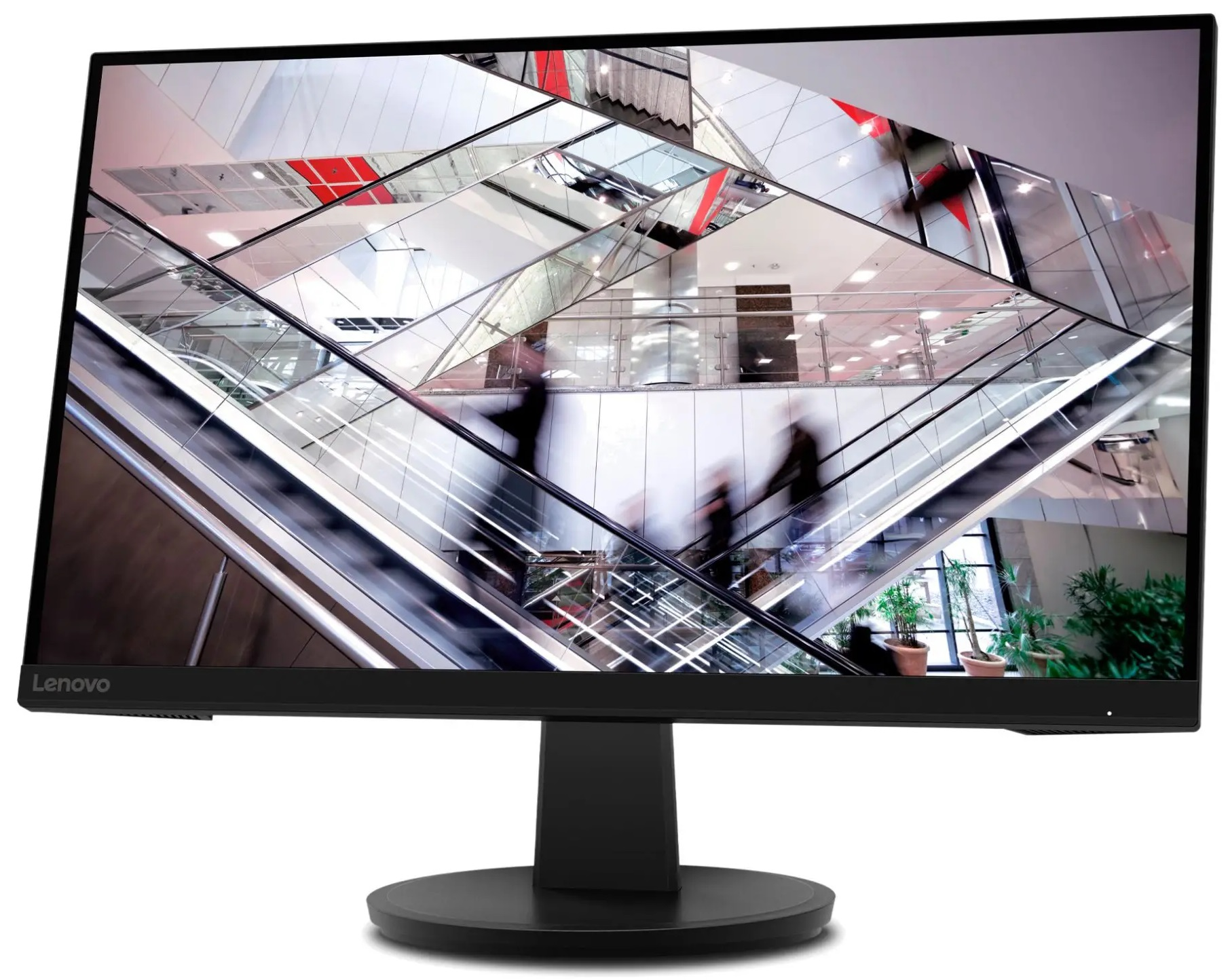 Czarny monitor komputerowy Lenovo, wyświetlający lustrzane odbicie wnętrza z ruchomymi schodami.