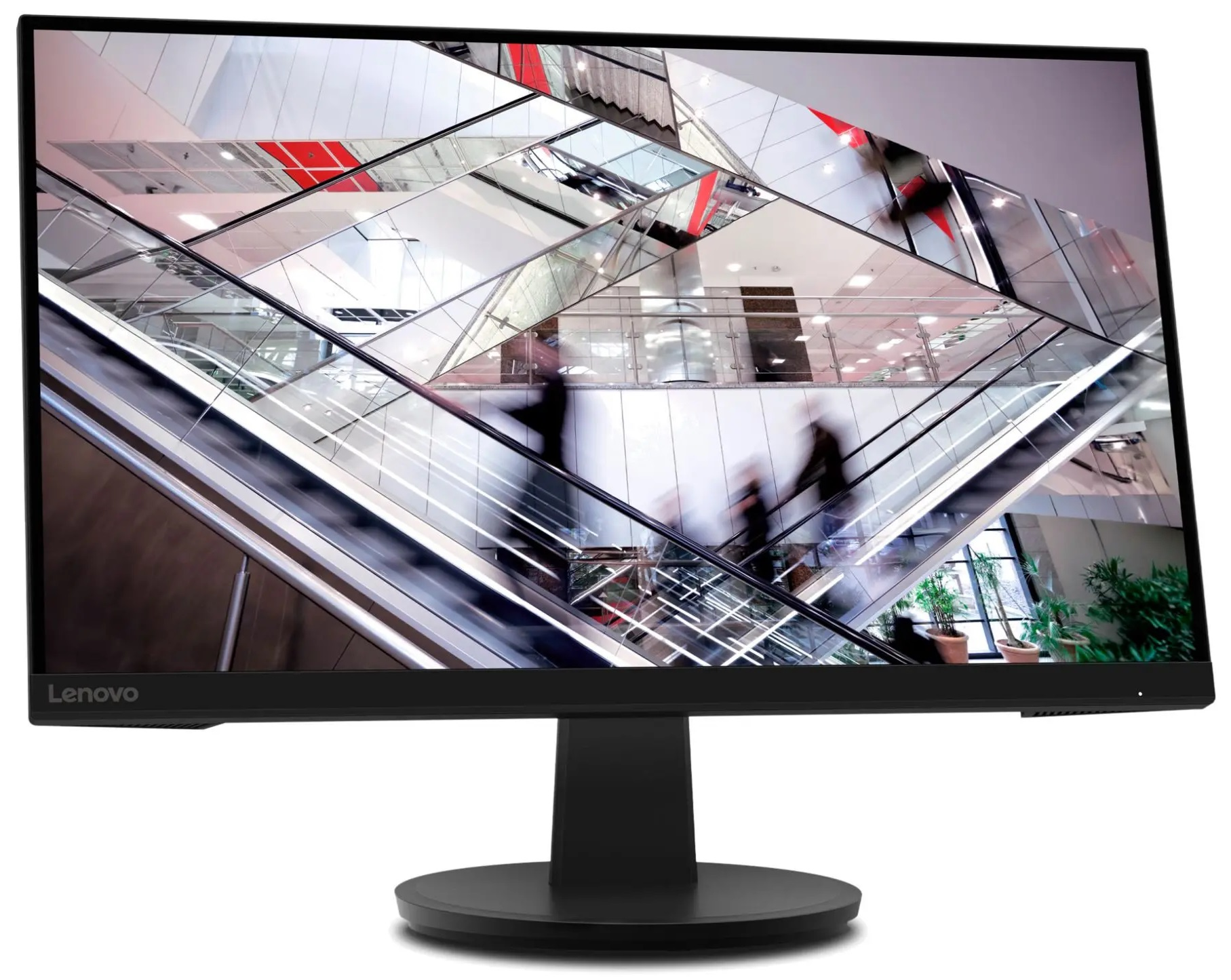 Monitor Lenovo wyświetlający obraz ruchomych schodów i odbijającego sufitu.