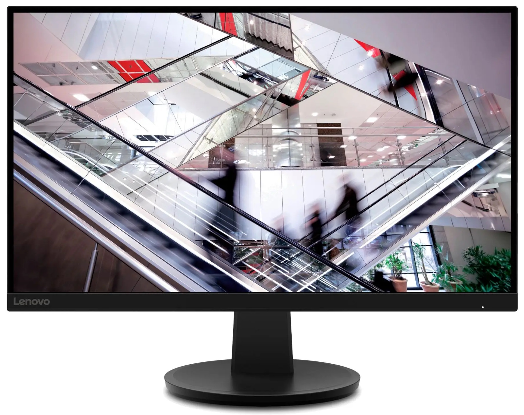 Monitor komputerowy Lenovo wyświetla abstrakcyjny obraz odbić, ruchomych schodów i ludzi.