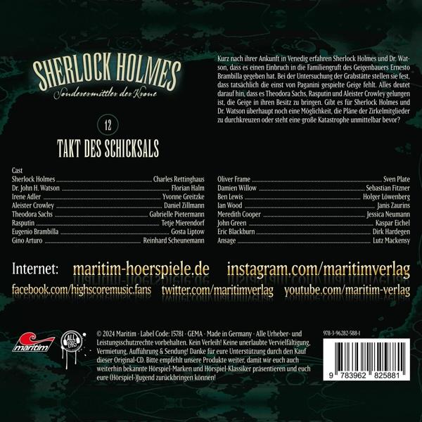 Sherlock Holmes Buchcover mit Vintage-Design und Besetzungsliste.