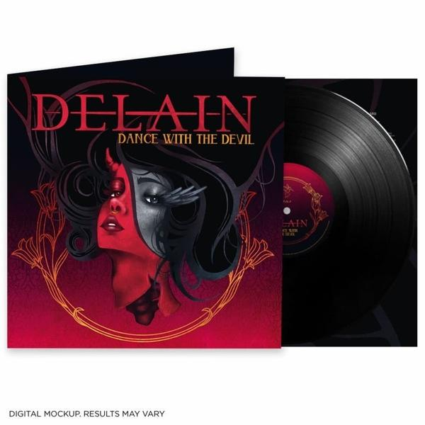 Albumcover für Delain's Dance With The Devil, mit einem Frauengesicht und einer Schallplatte.