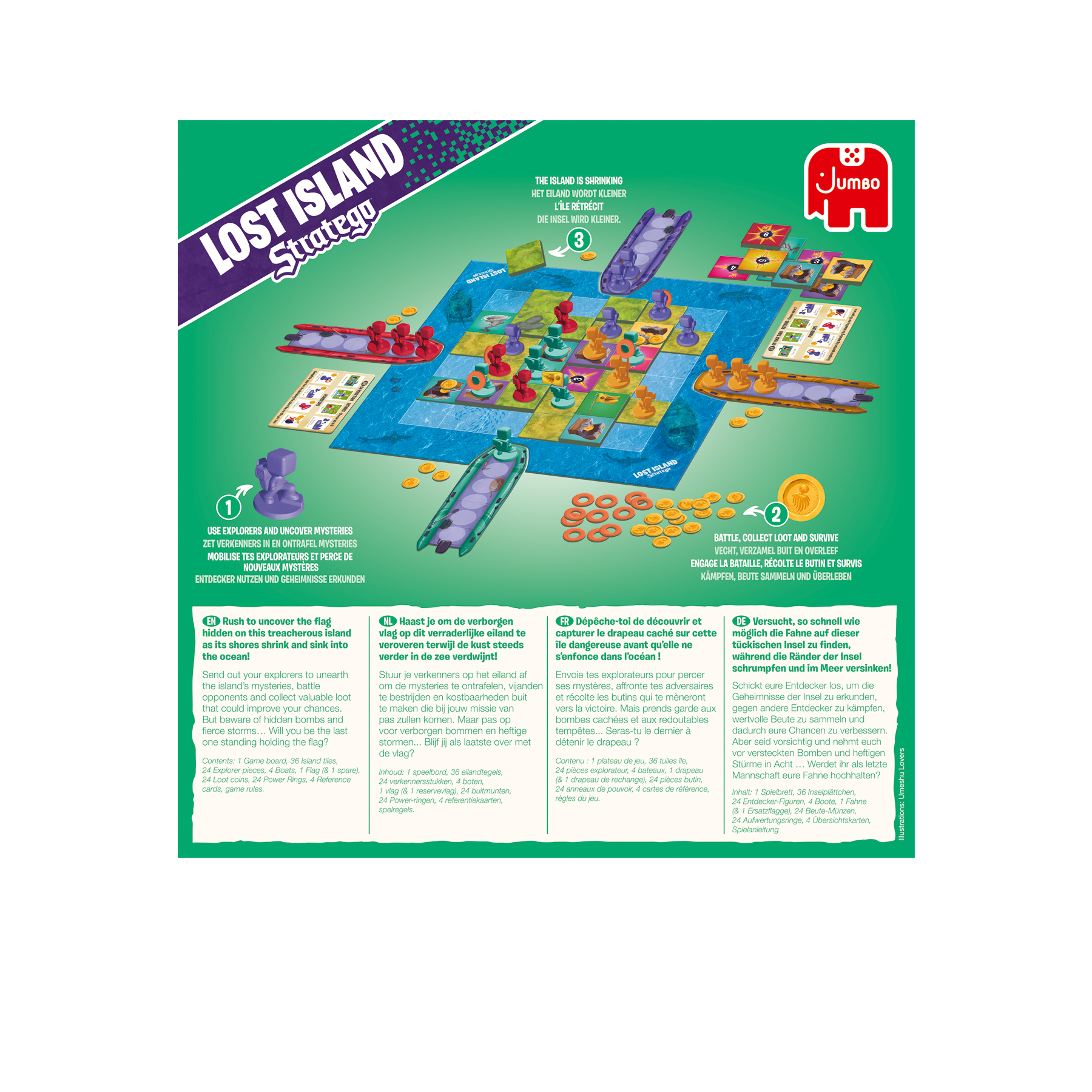 Lost Island strategy board game box and game pieces on the board, with text and graphics.