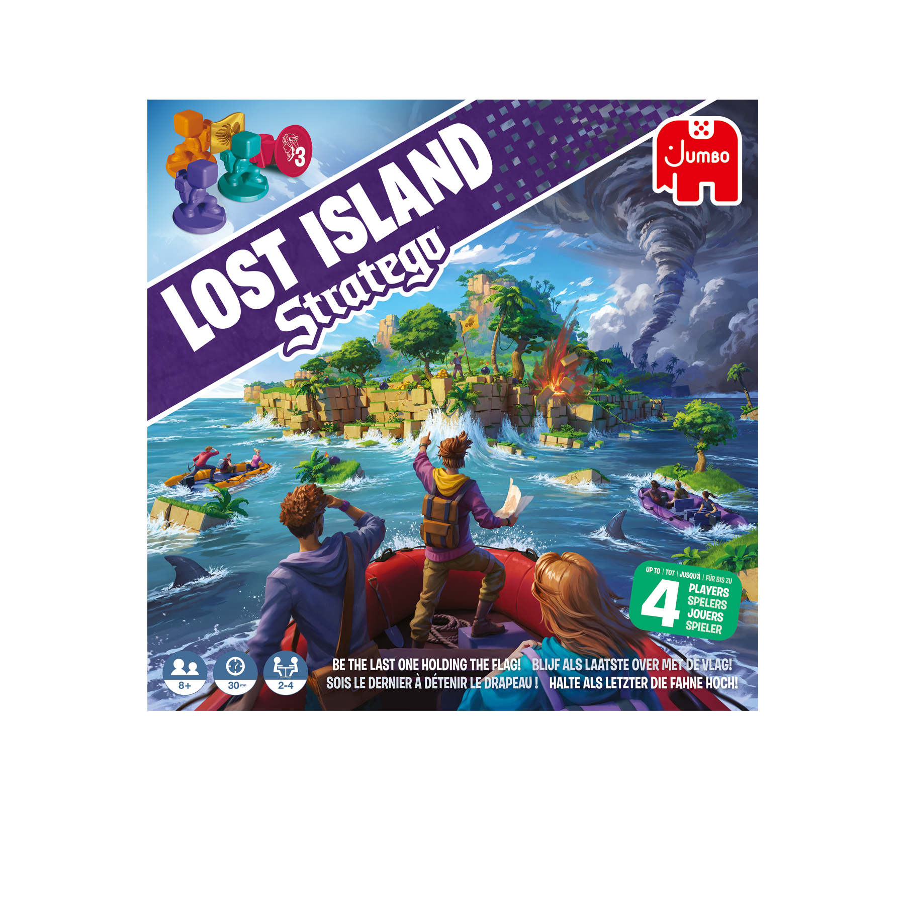Lost Island board game box with people, a storm, and a flag.