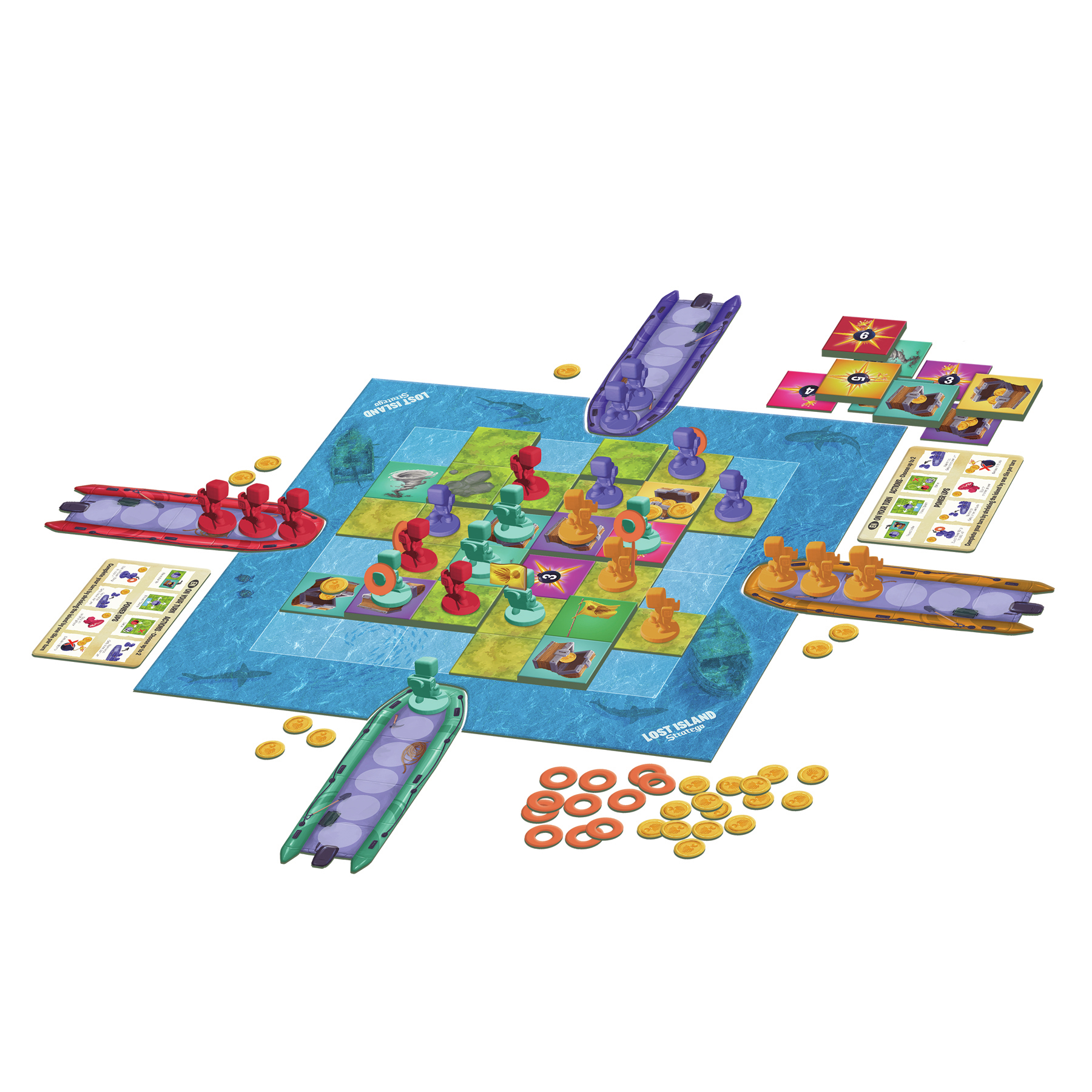 A board game showing boats, tokens, and a map with colored squares. White background.