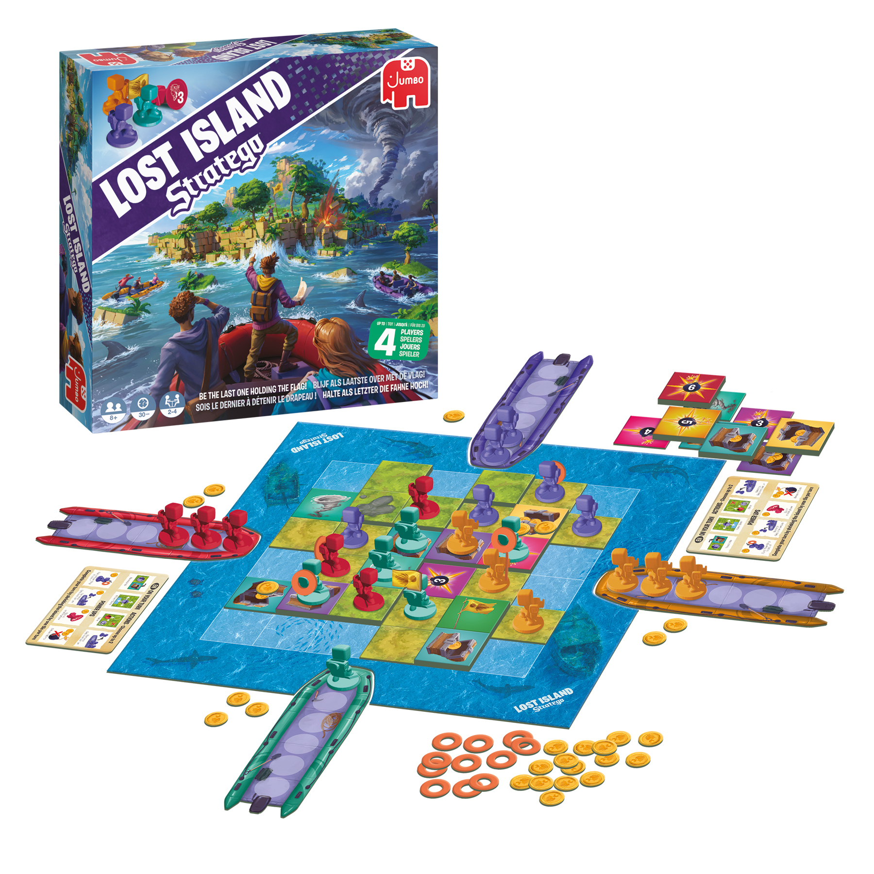 A board game 'Lost Island' with game pieces, a board, and a box on a white surface.