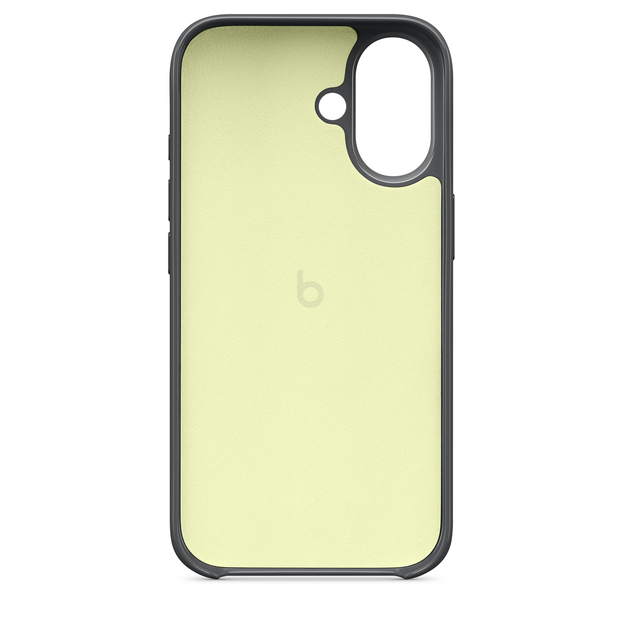 İçinde 'b' logosu bulunan siyah çerçeveli açık yeşil bir telefon kılıfı.