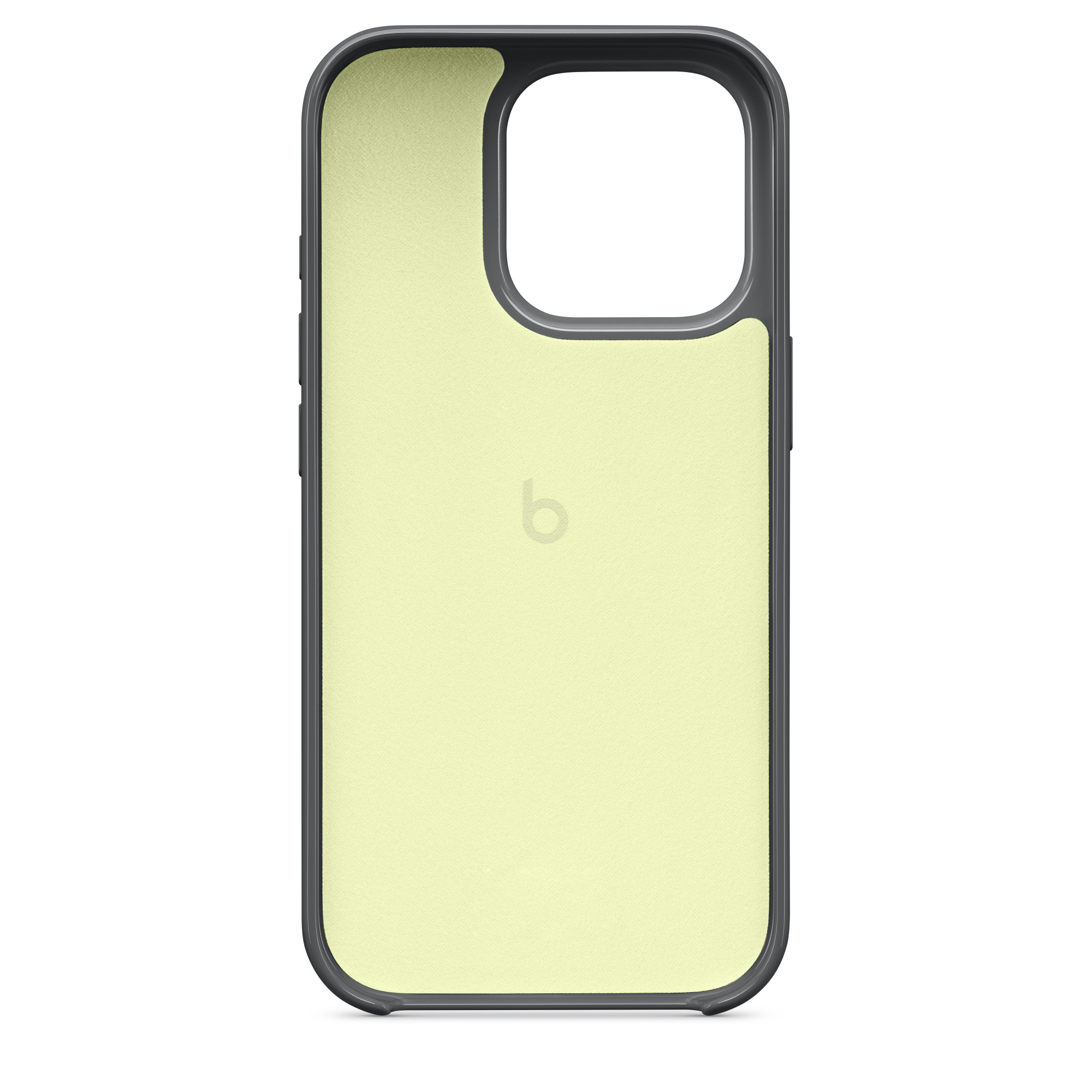 Telefon kılıfı, açık sarı bir arka kısım ile siyah çerçeve. b logosu görünür.