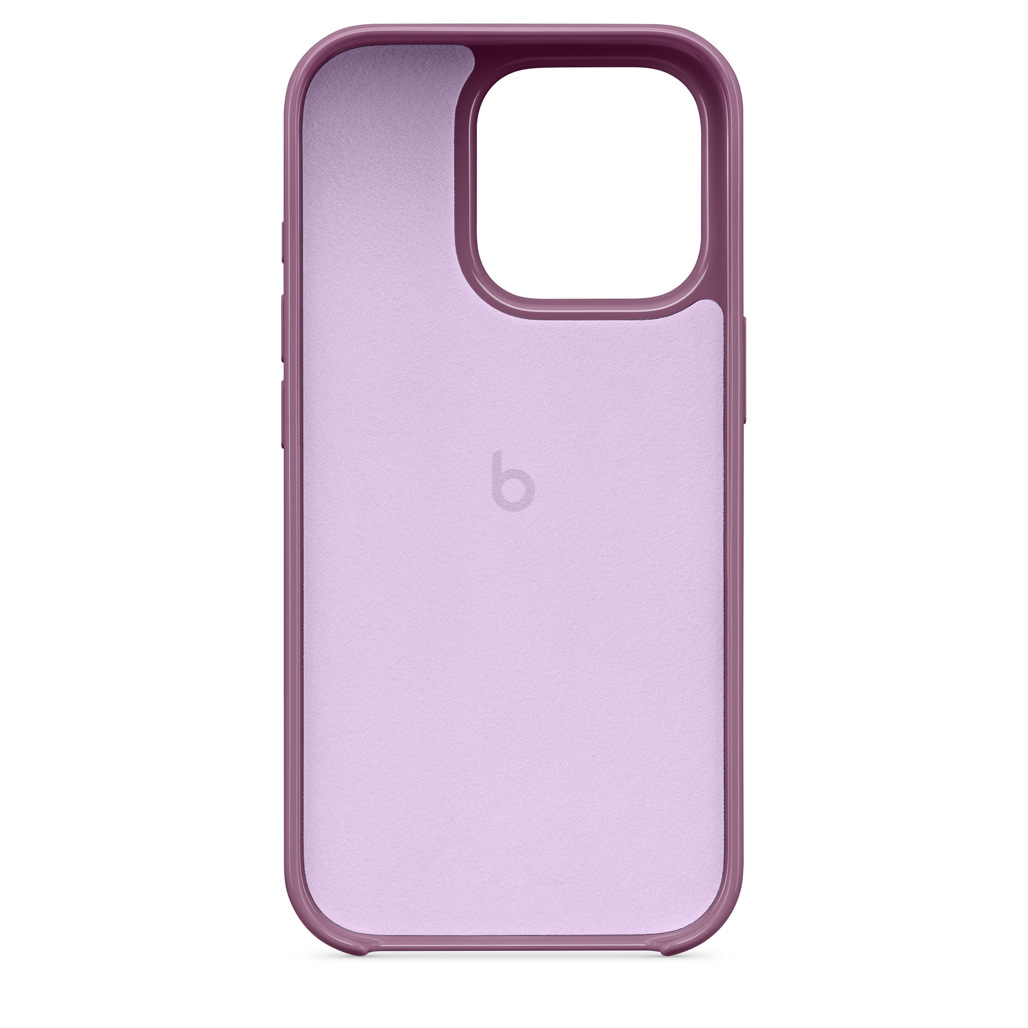 Kamera kesimi ve 'b' markasının logosu olan mor bir telefon kılıfı.