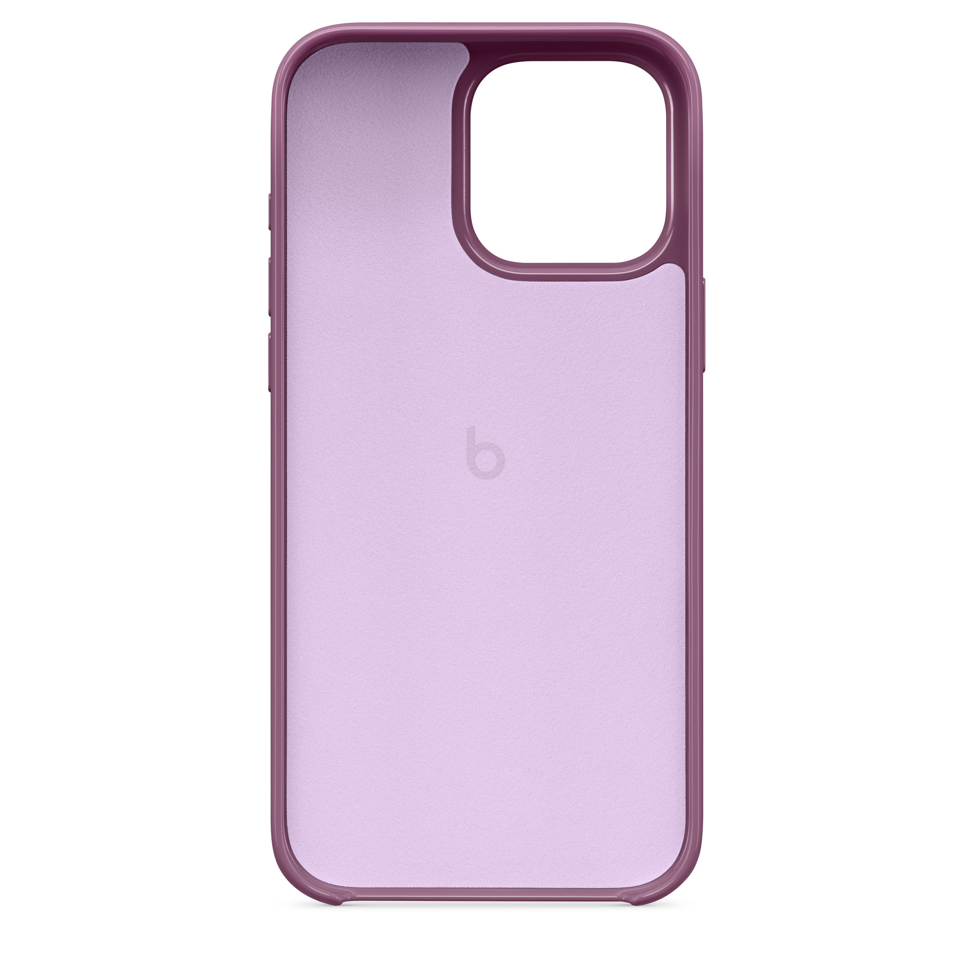 Mor bir telefon kılıfı, kamera açıklığı ve logo ile, beyaz bir arka plan üzerinde.