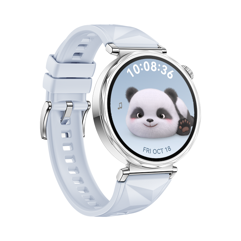 Un reloj inteligente blanco con una cara de panda en la pantalla, sobre fondo negro.