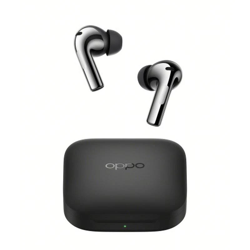 Par de auriculares plateados y un estuche de carga negro con el logo de Oppo.