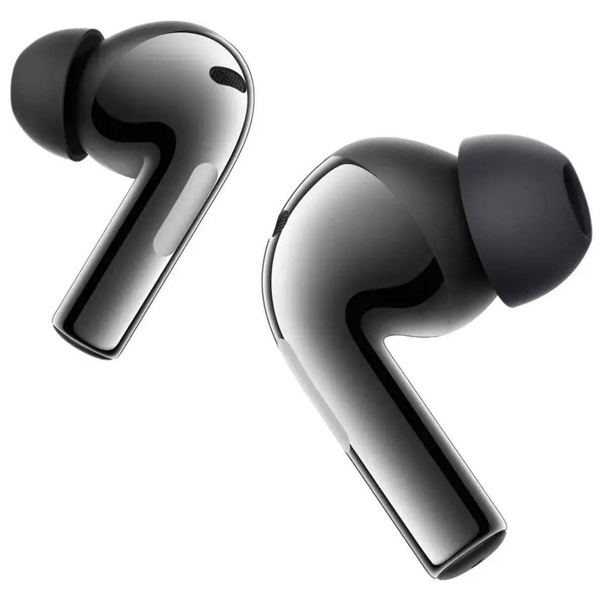 Dos auriculares negros con un acabado metálico brillante.