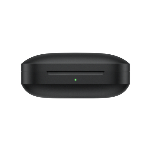 Estuche de carga de auriculares negro con luz de carga verde. El estuche tiene forma rectangular redondeada.
