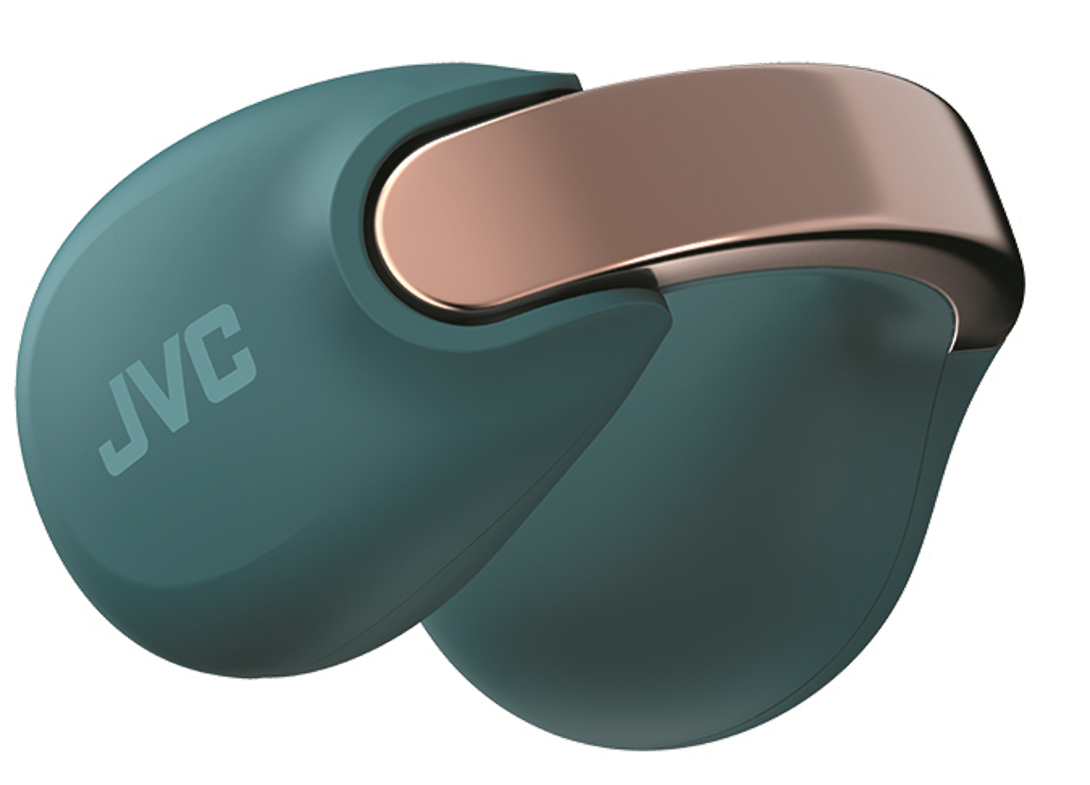 Auricular, verde azulado con acento dorado rosa y el logotipo de JVC.