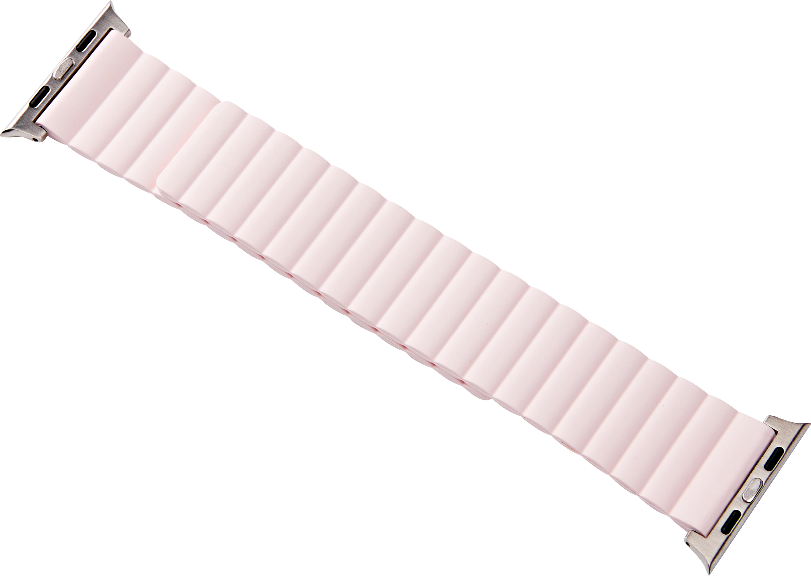 Ein hellrosa, geripptes Uhrenarmband, abgewinkelt, mit silbernen Metallbefestigungen für eine Smartwatch.